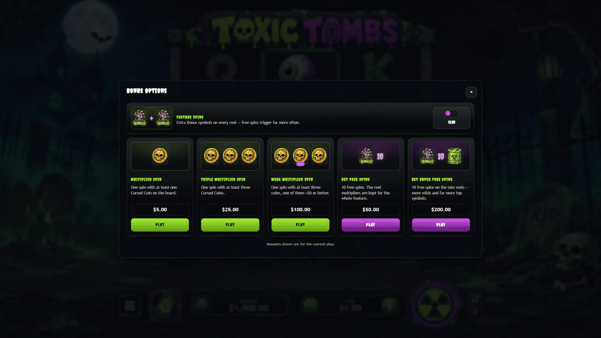 Toxic Tombs bonus buy menu