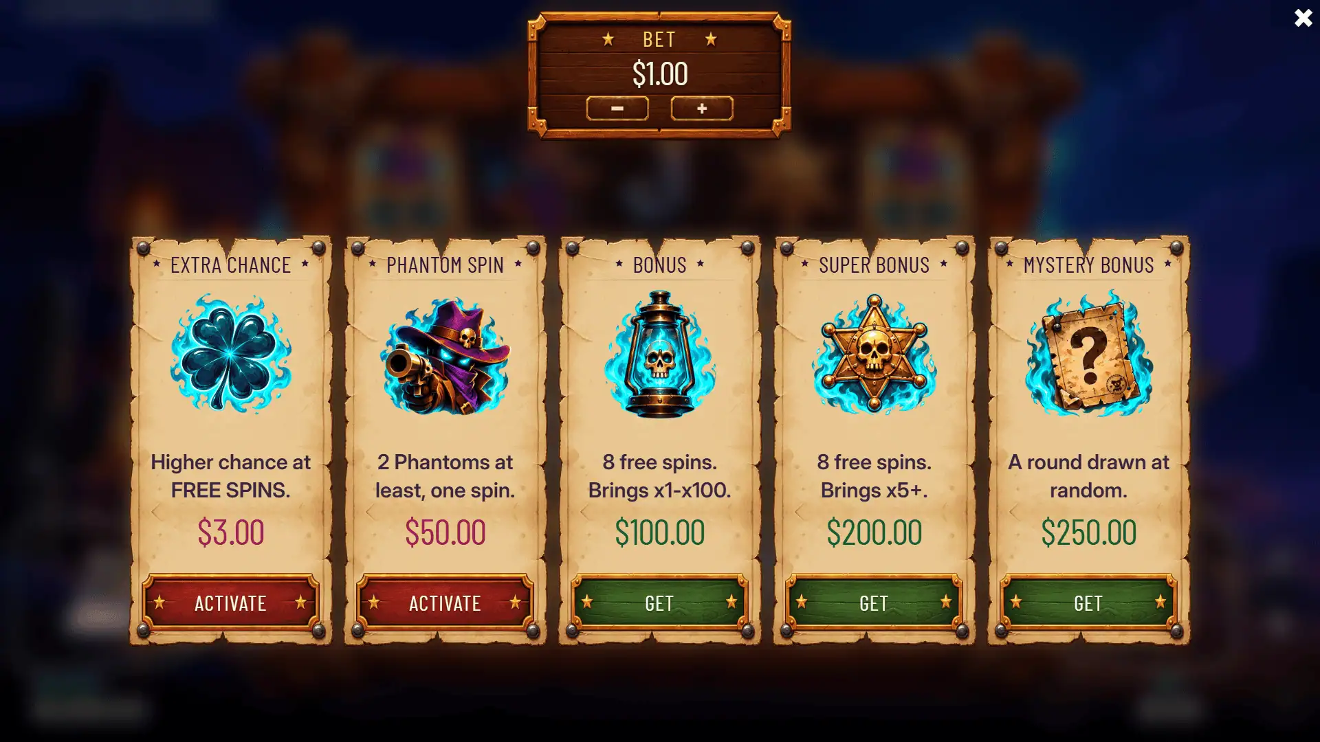Wild Phantom bonus buy menu