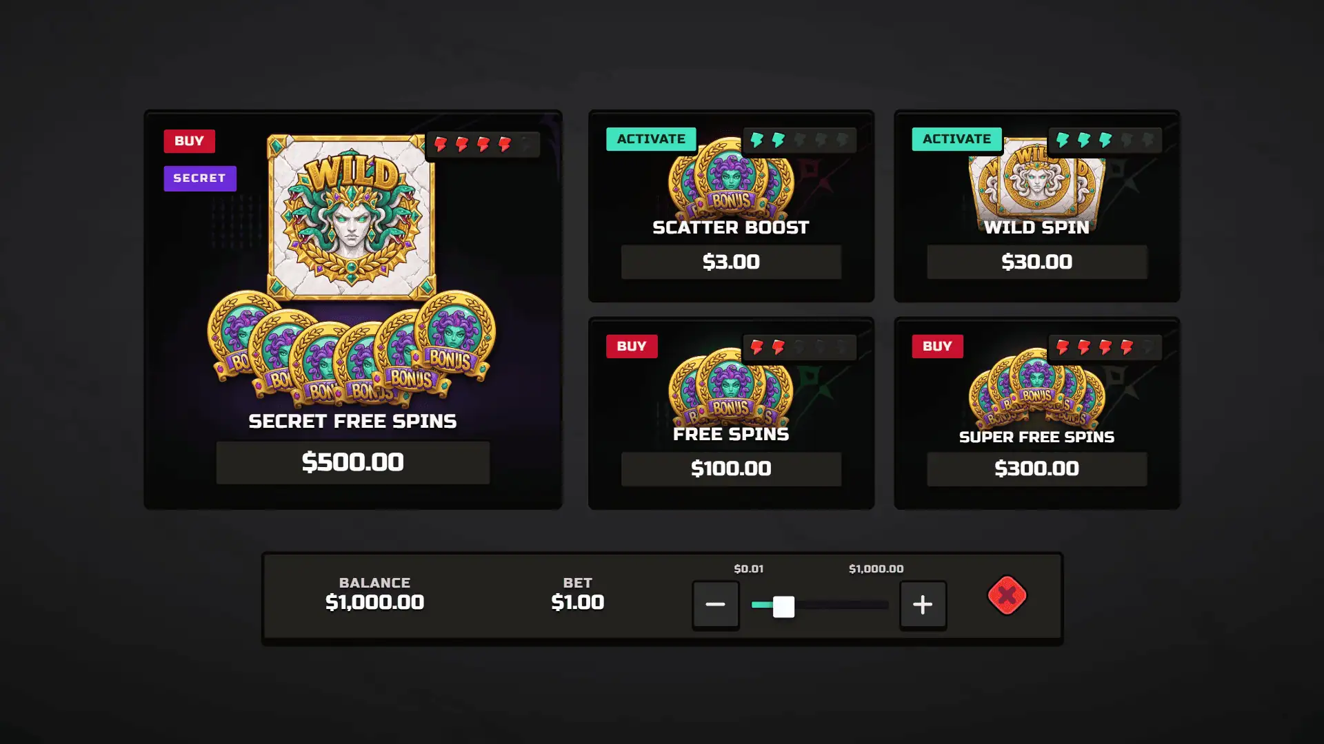 Wild Medusa bonus buy menu