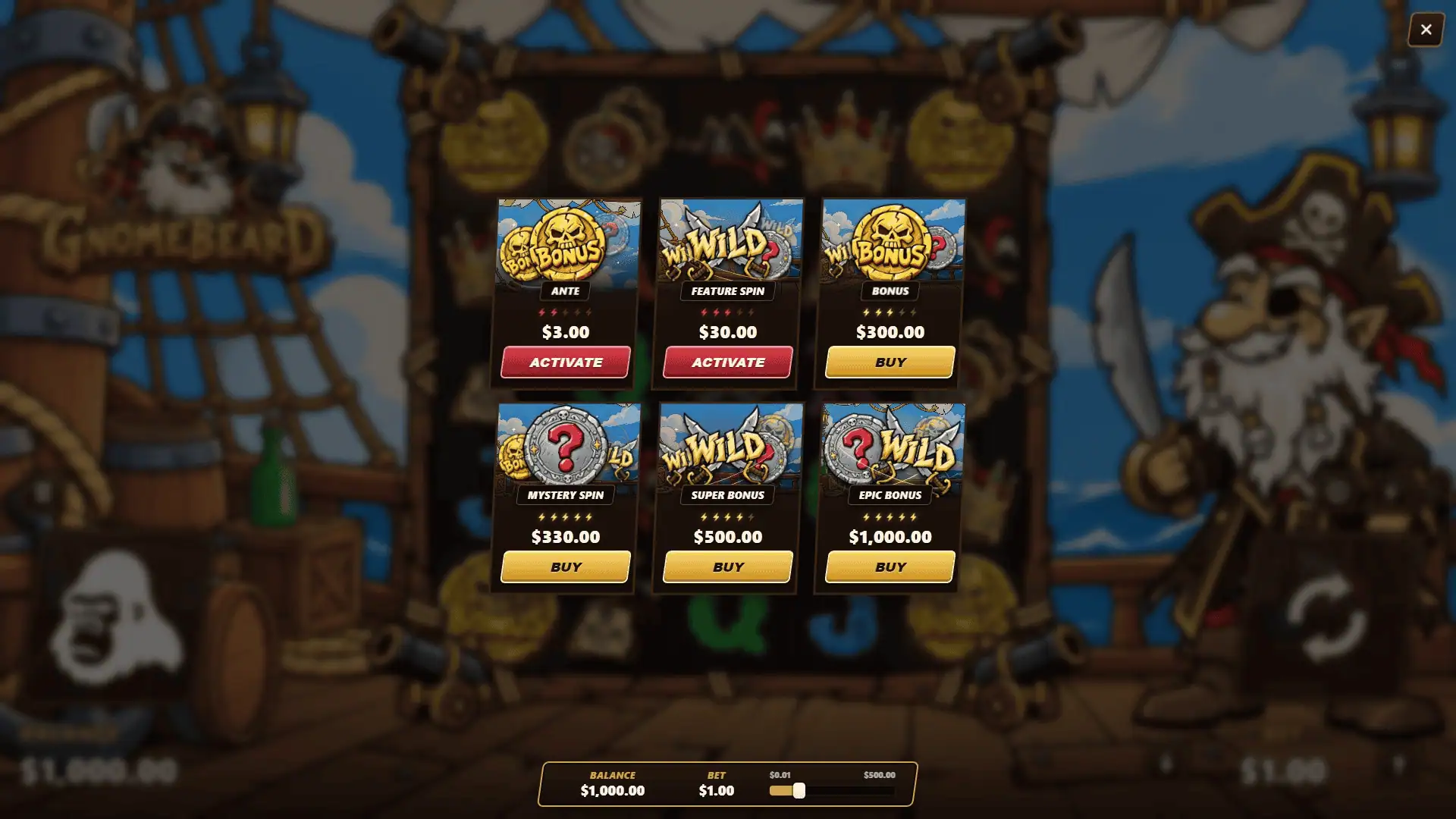Gnomebeard bonus buy menu