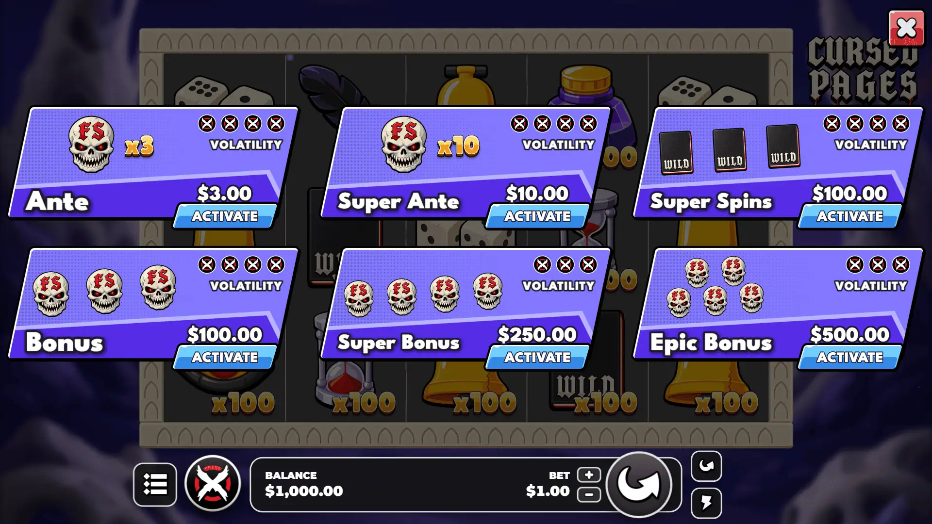Cursed Pages bonus buy menu
