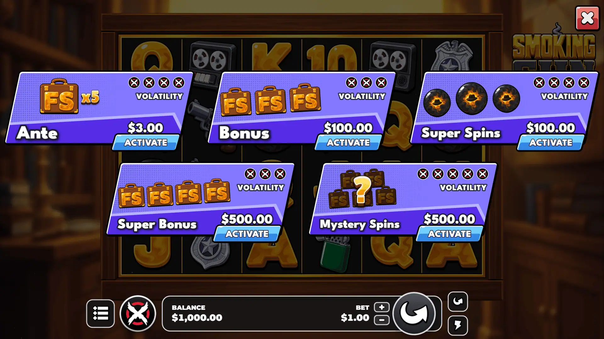 Smoking Gun bonus buy menu