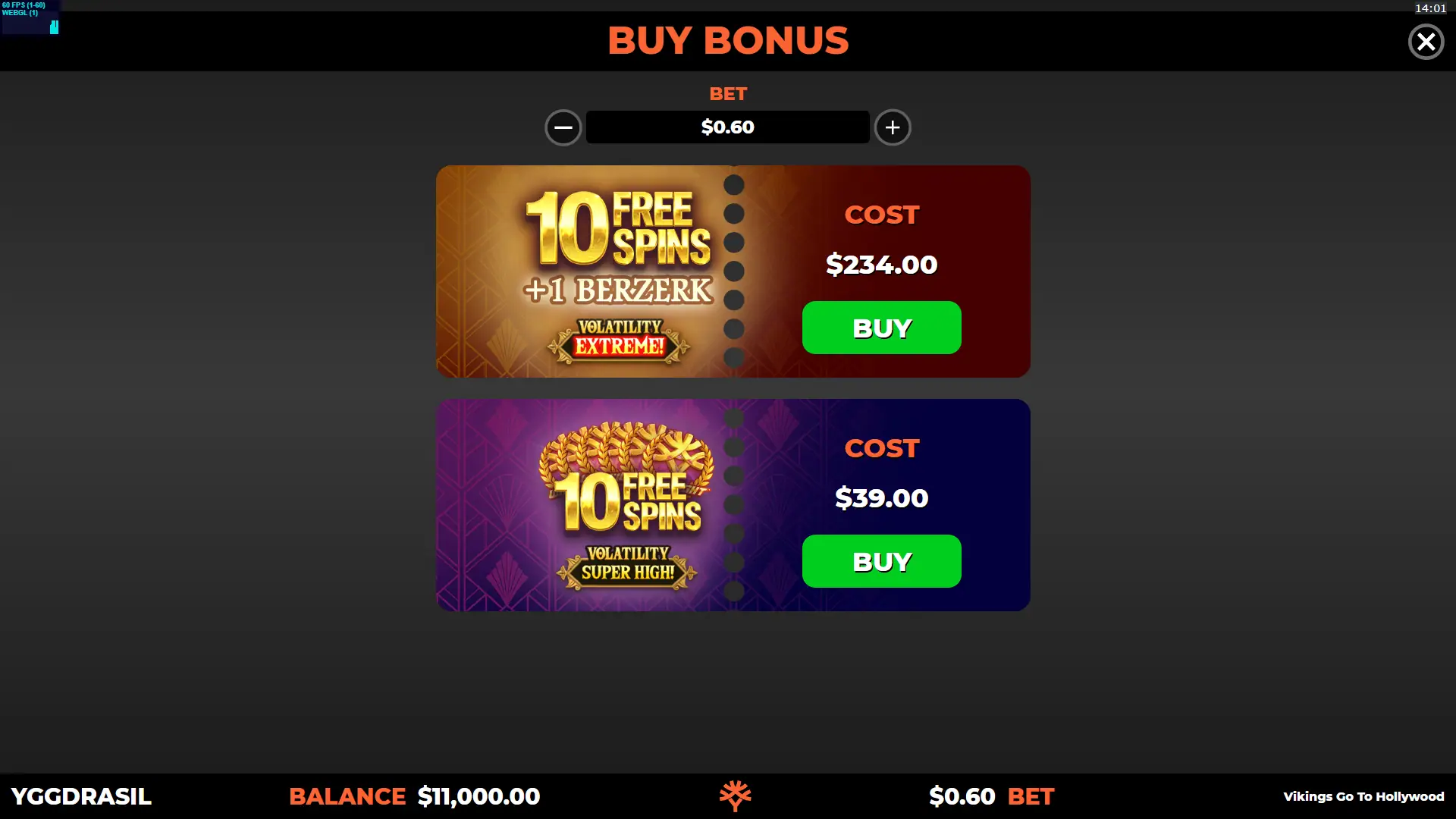 Vikings Go To Hollywood bonus buy menu