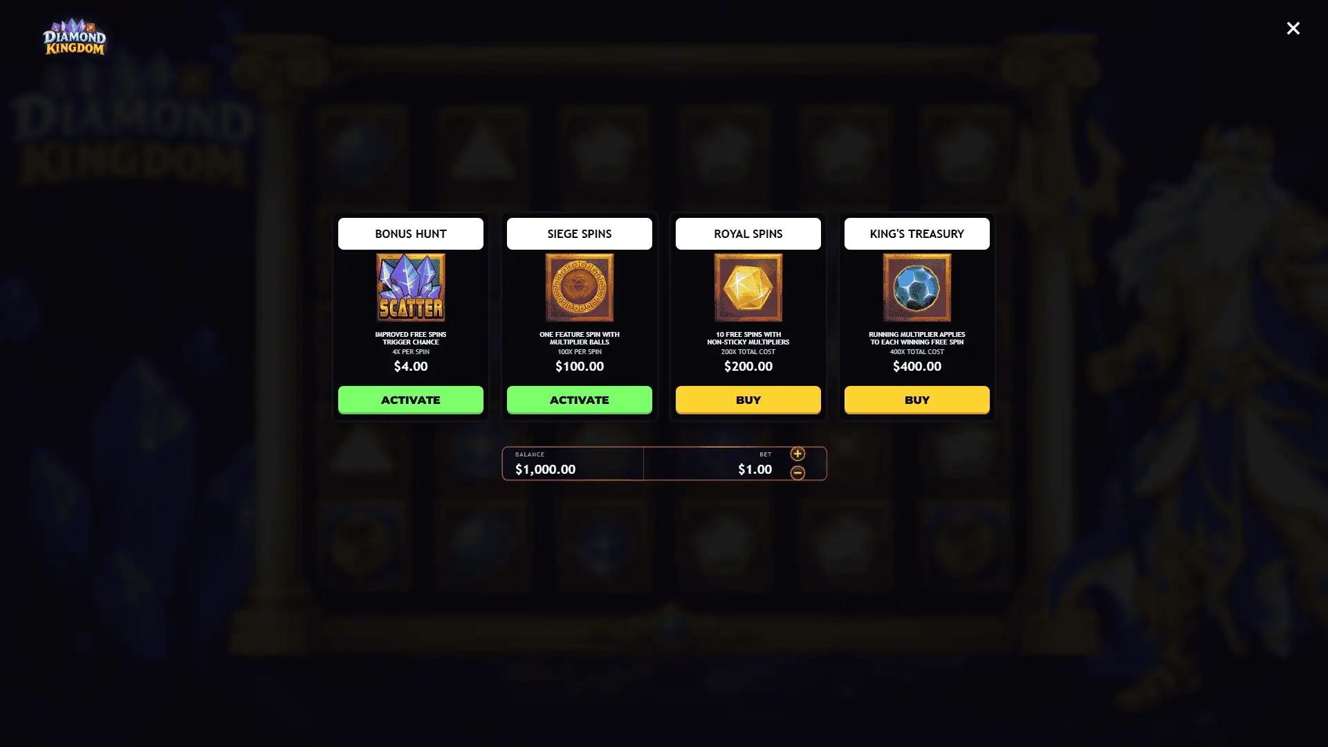 Diamond Kingdom bonus buy menu
