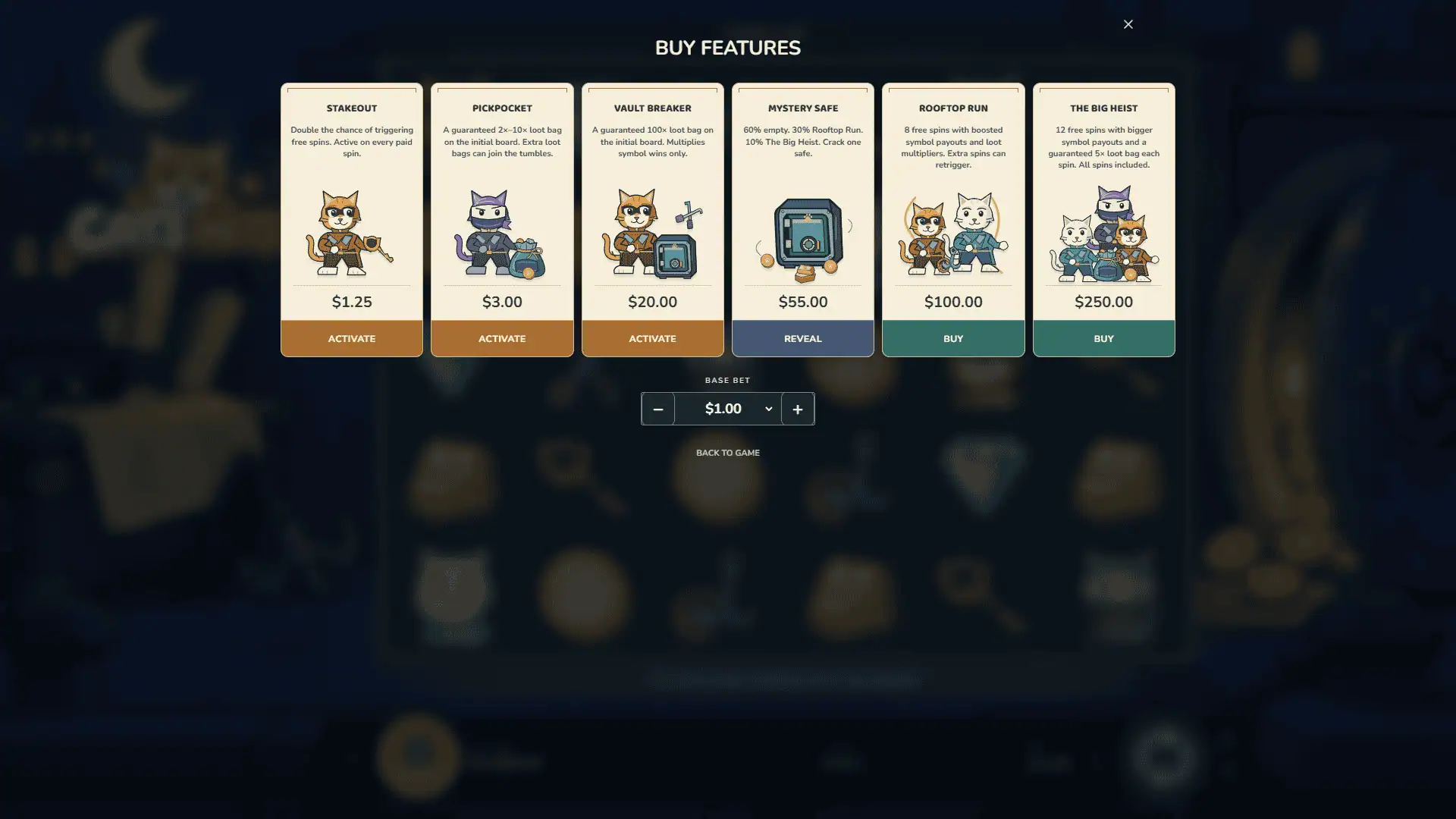 Cats Heist bonus buy menu