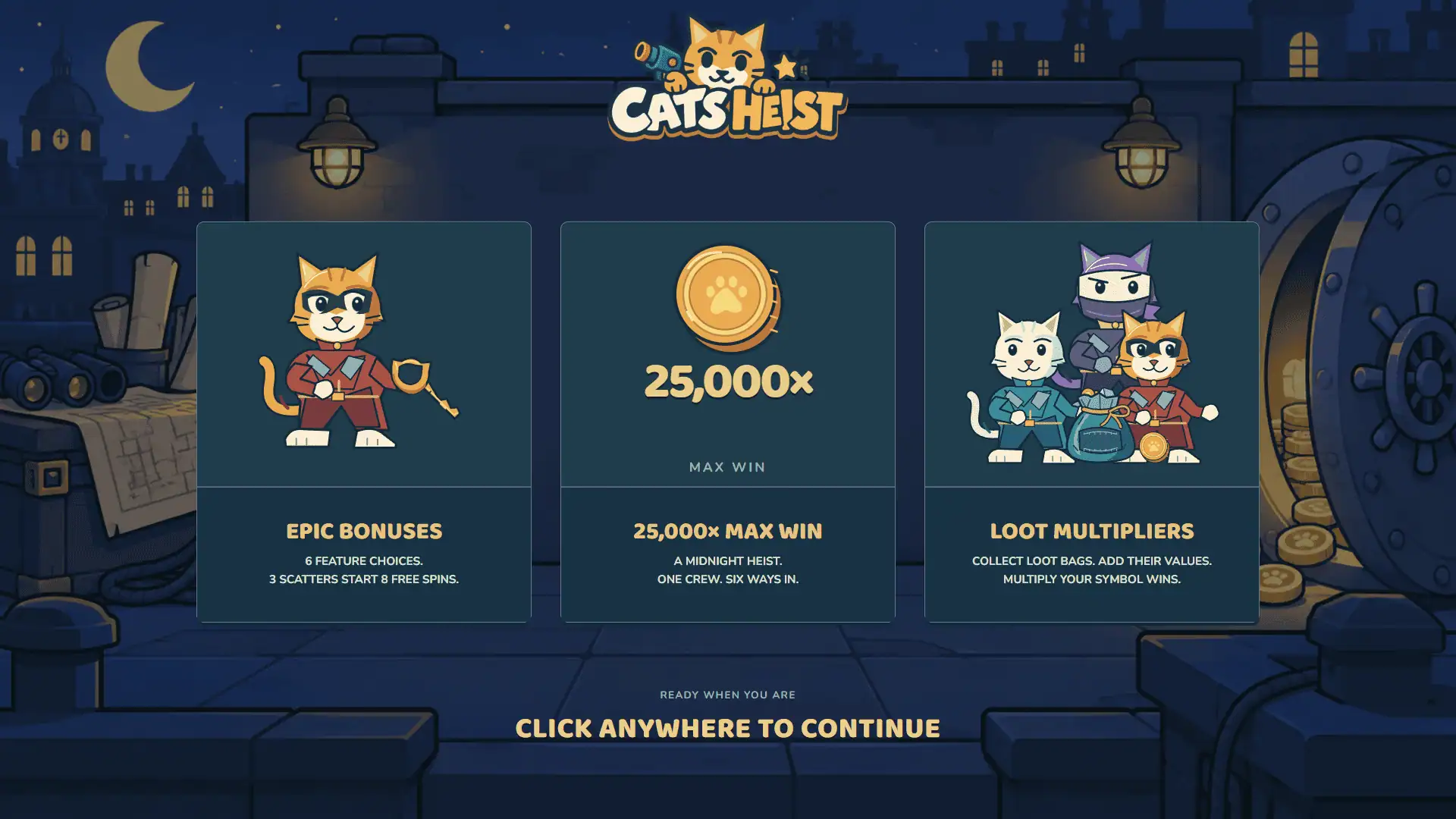 Cats Heist slot intro screen