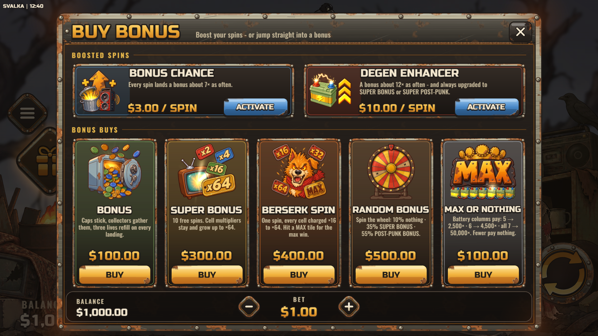 Svalka bonus buy menu