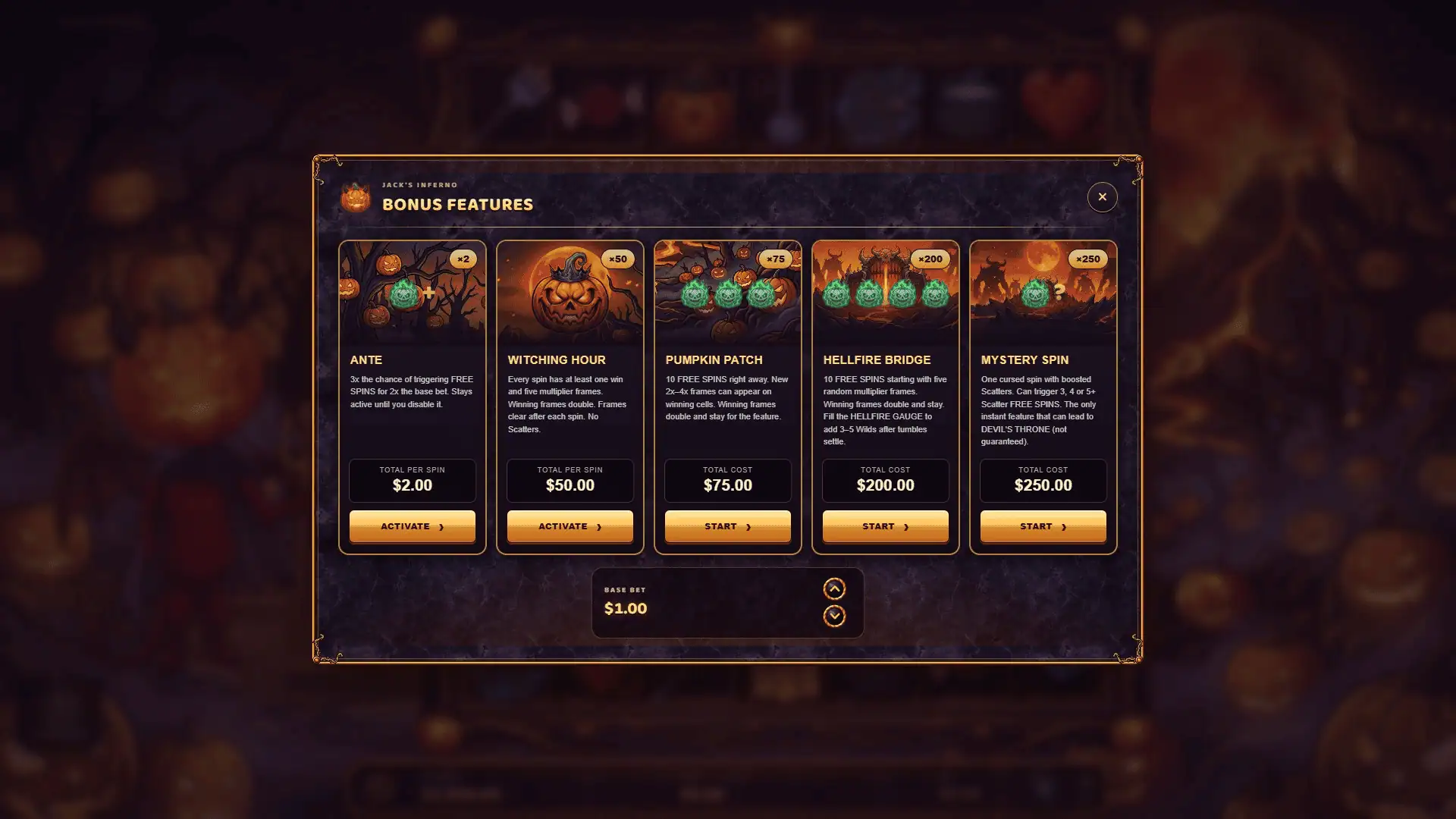 Jack's Inferno bonus buy menu