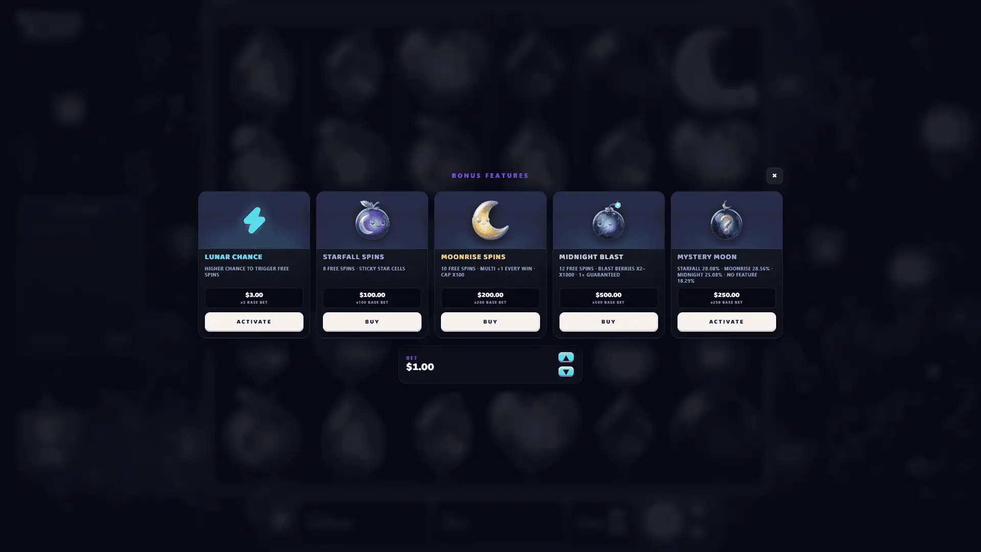 Moonberry Blast bonus buy menu