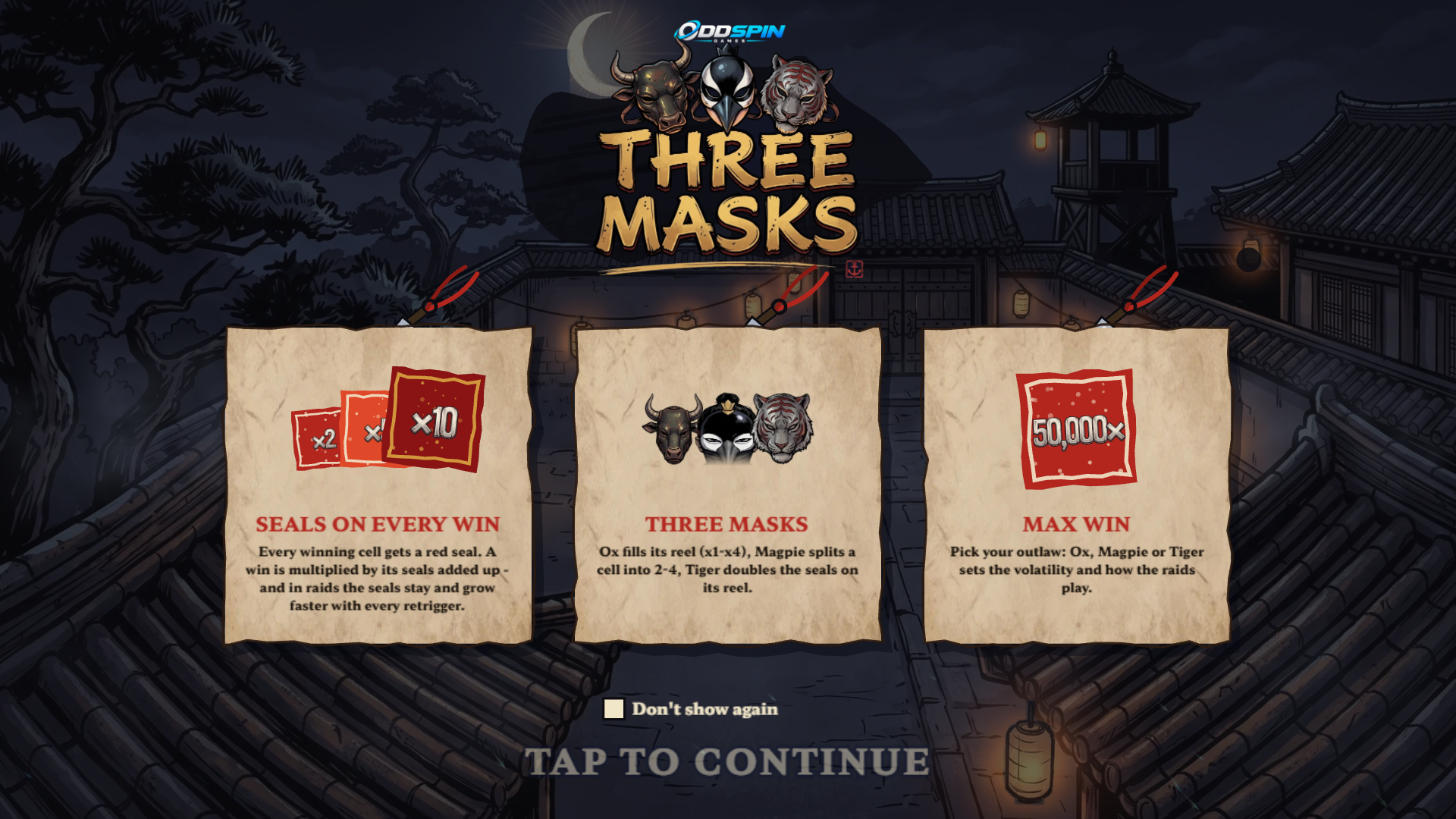 THREE MASKS slot intro screen