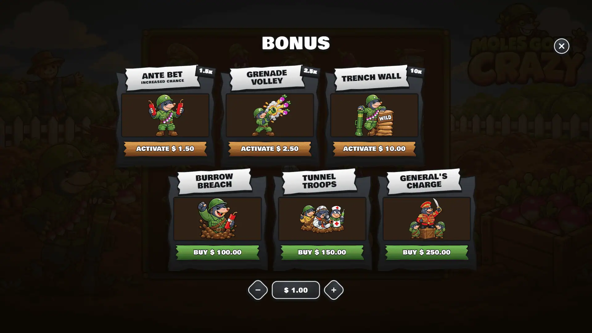 Moles Gone Crazy bonus buy menu