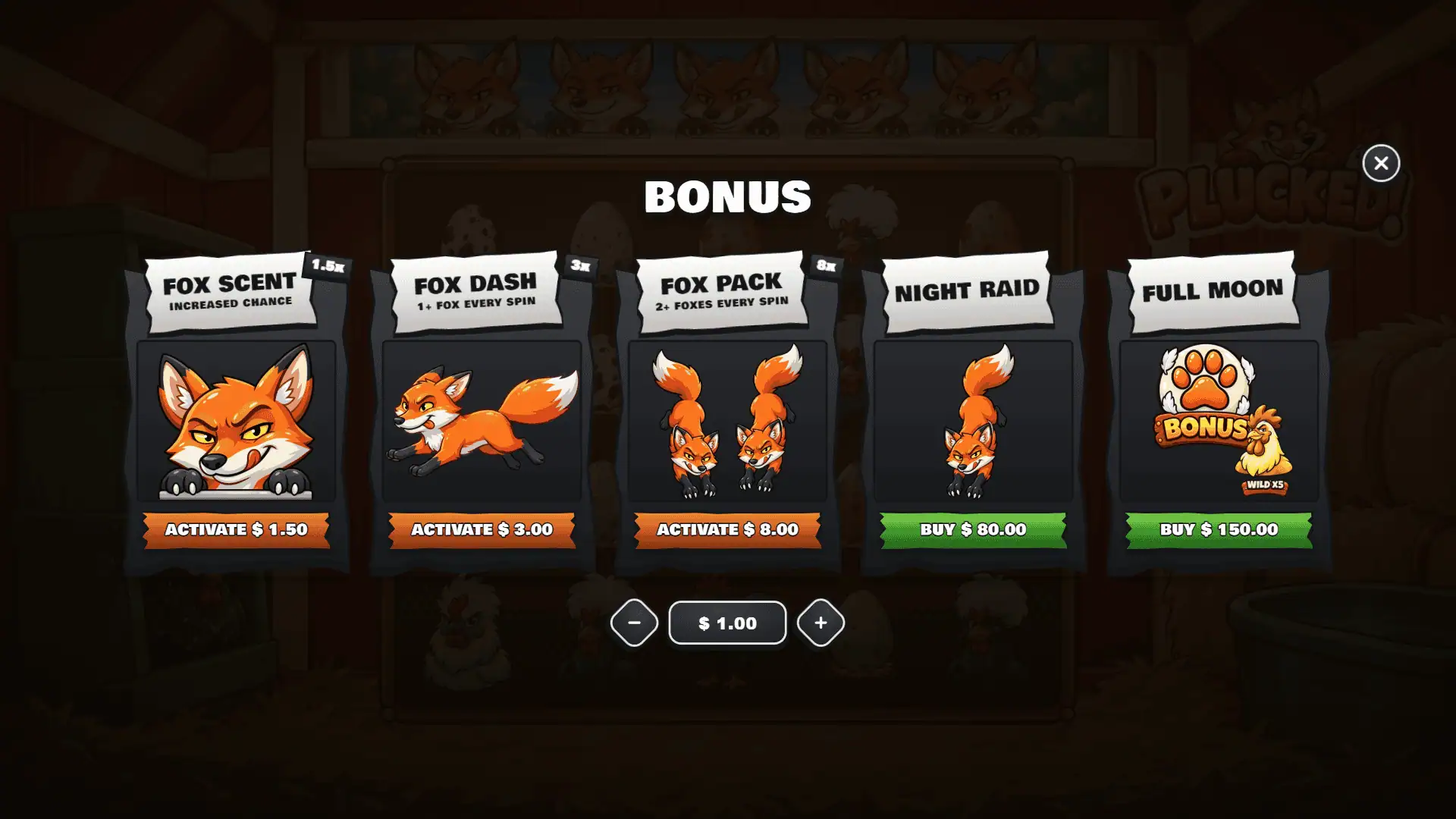 Plucked! bonus buy menu