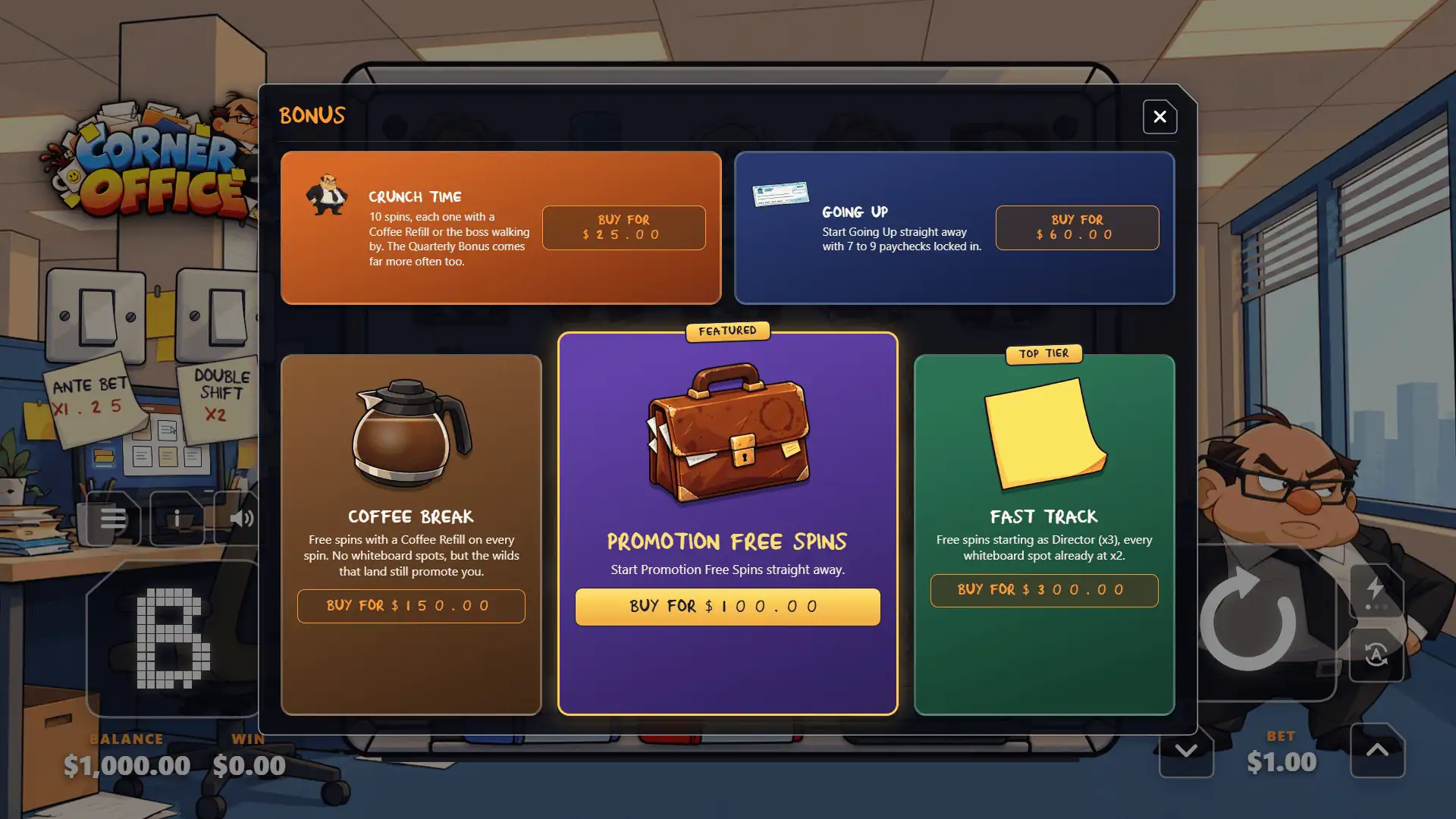 Corner Office bonus buy menu