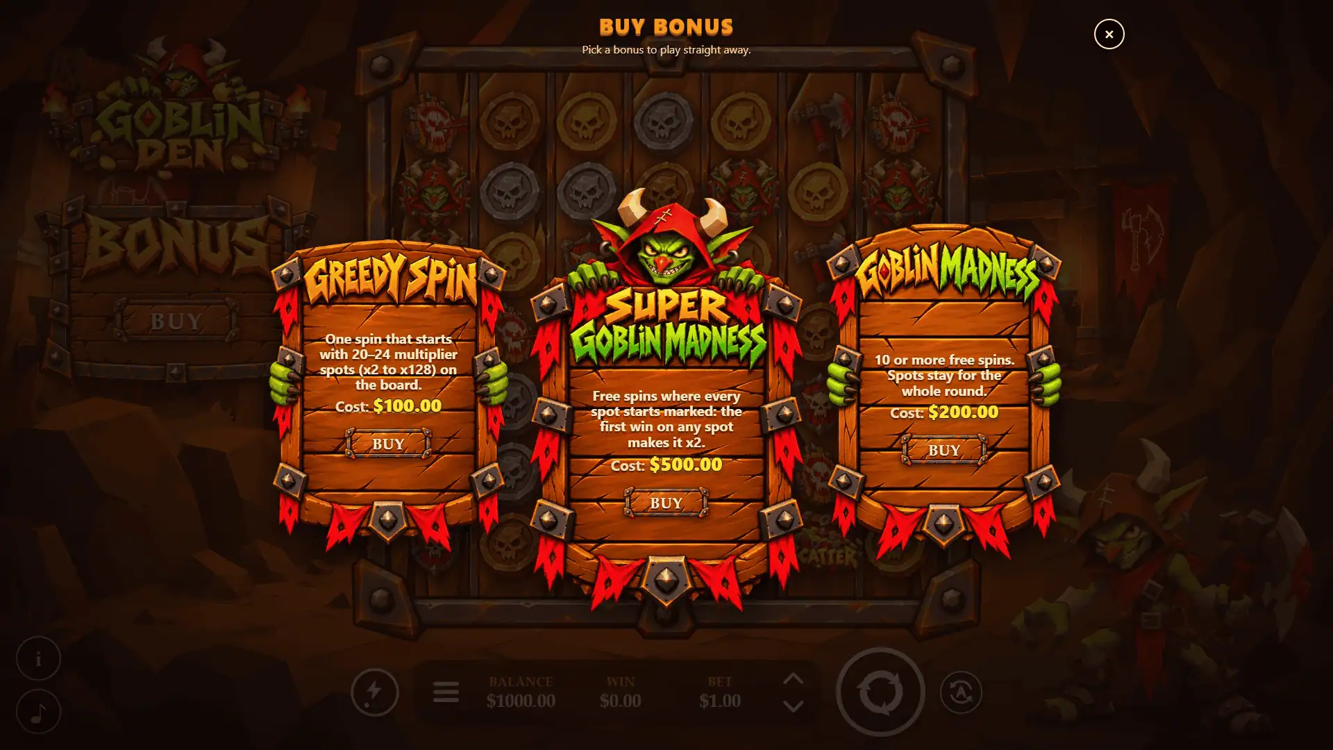 Goblin Den bonus buy menu