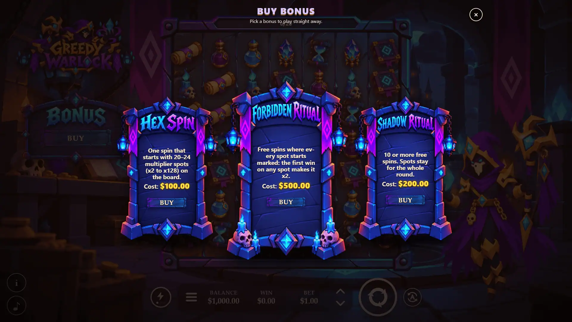Greedy Warlock bonus buy menu