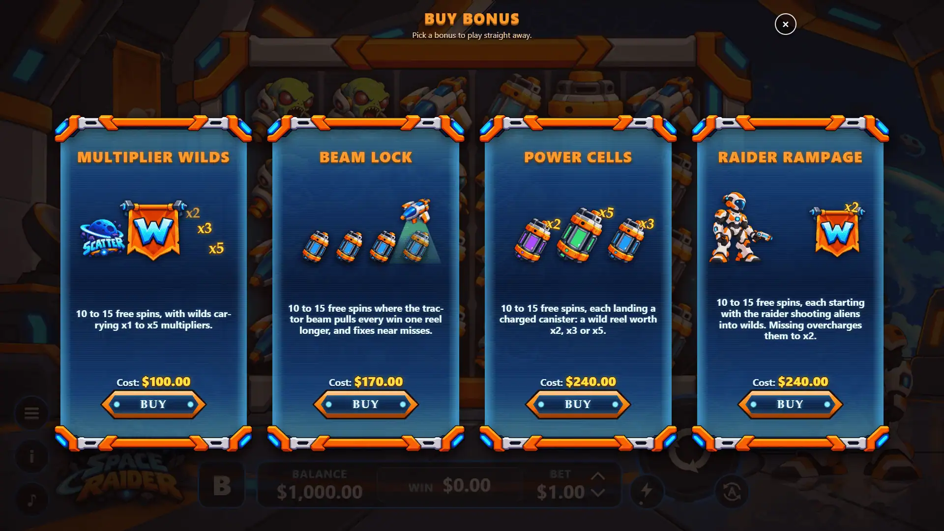 Space Raider bonus buy menu