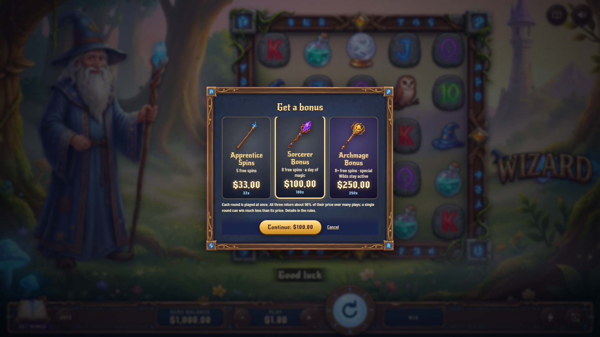 Wizard bonus buy menu