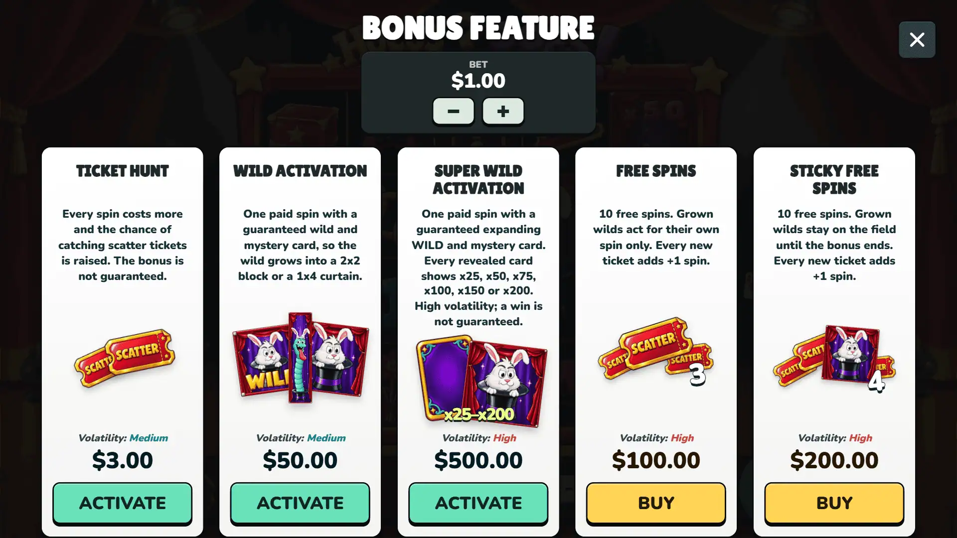 Hocus Oops bonus buy menu