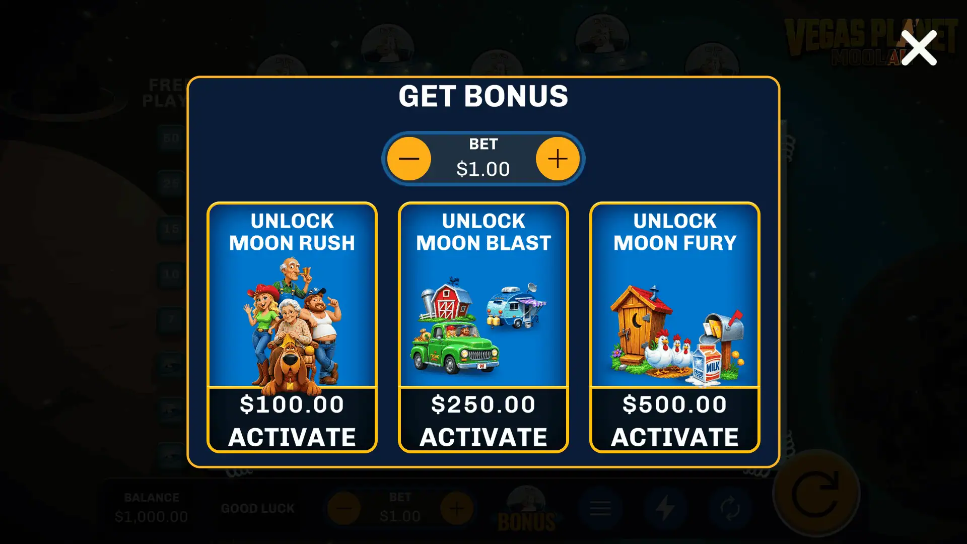 Vegas Planet Moolah bonus buy menu