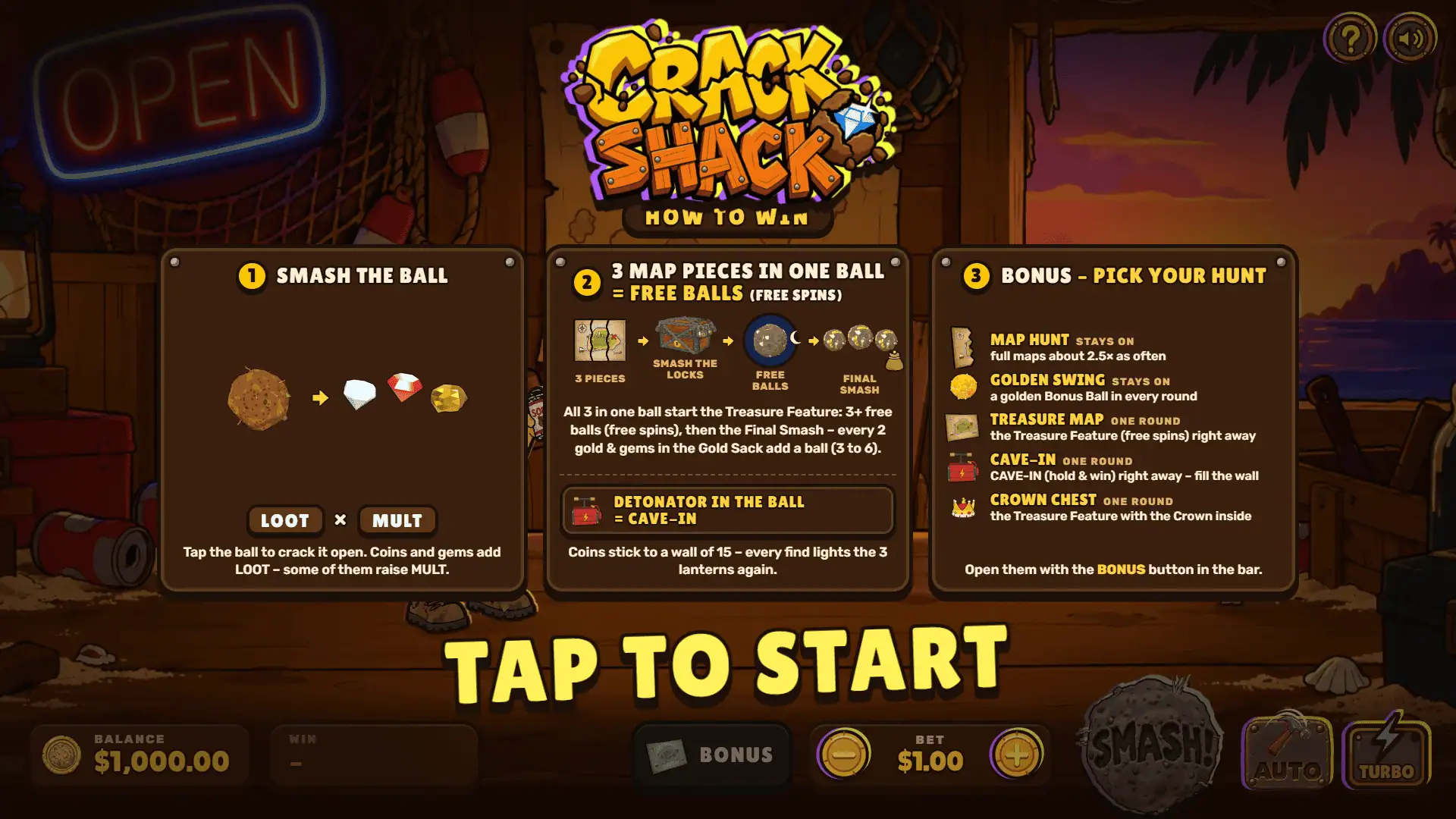 Crack Shack slot intro screen
