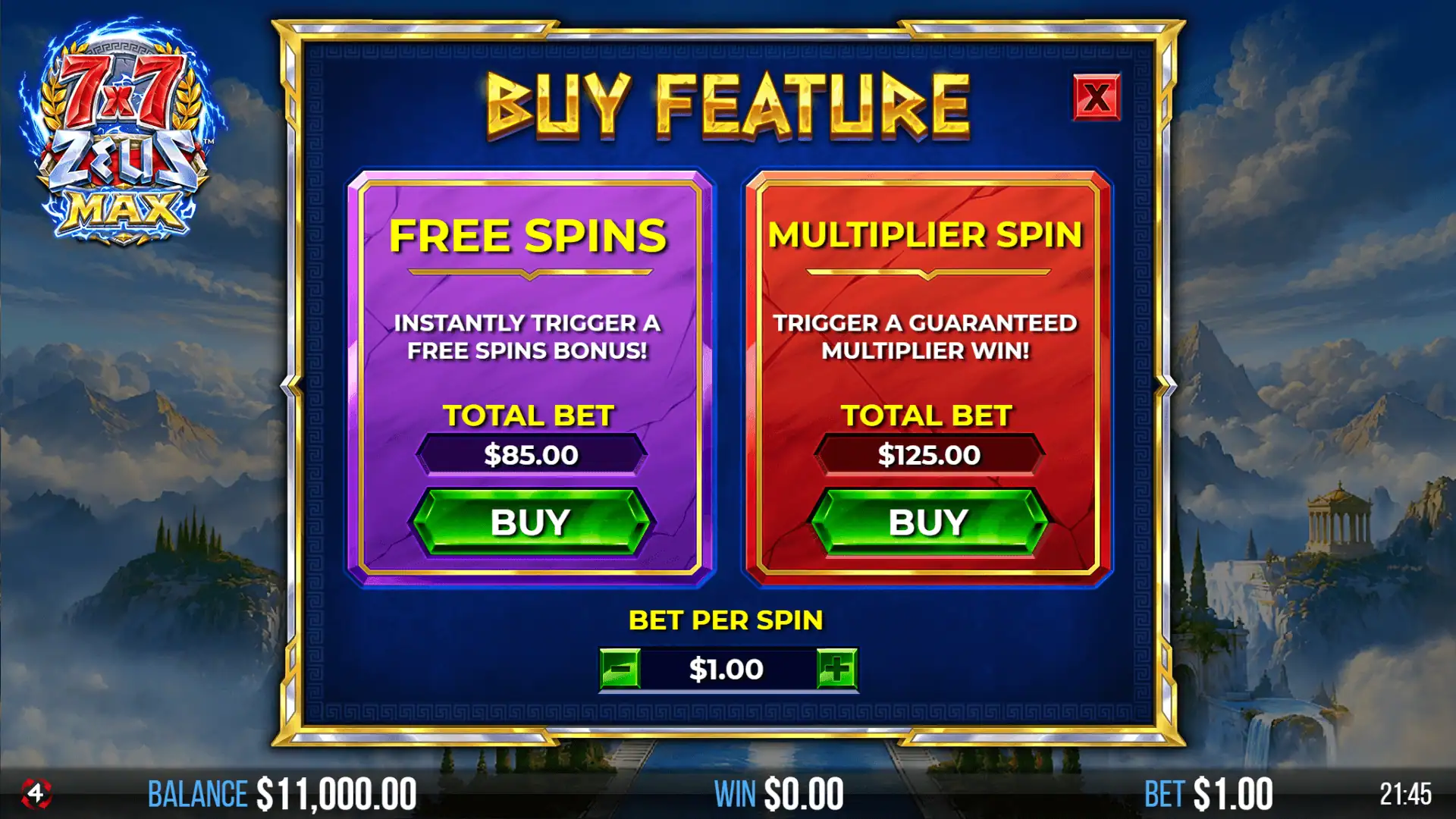 7&times;7 Zeus Max bonus buy menu