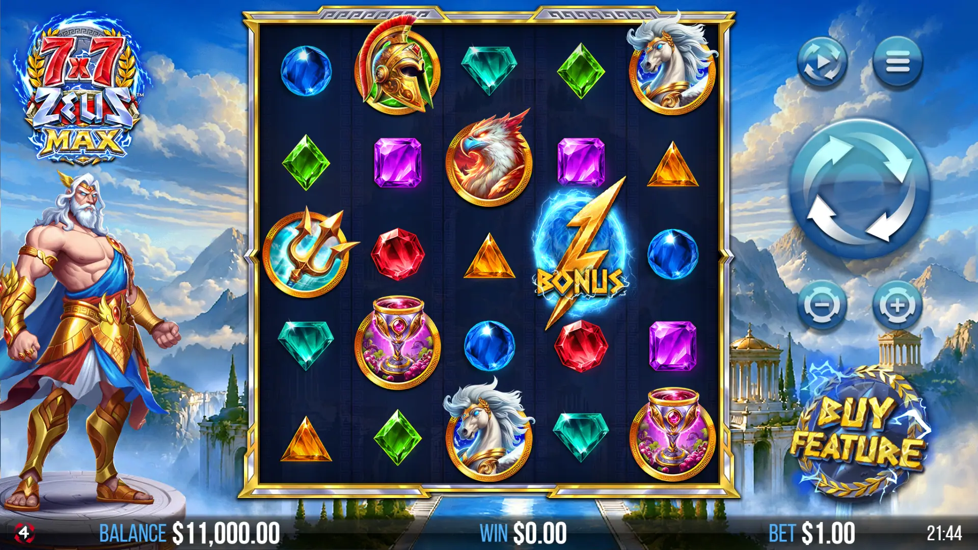 7&times;7 Zeus Max slot gameplay reels