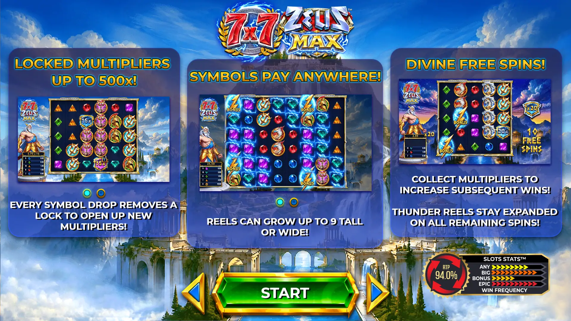 7&times;7 Zeus Max slot intro screen