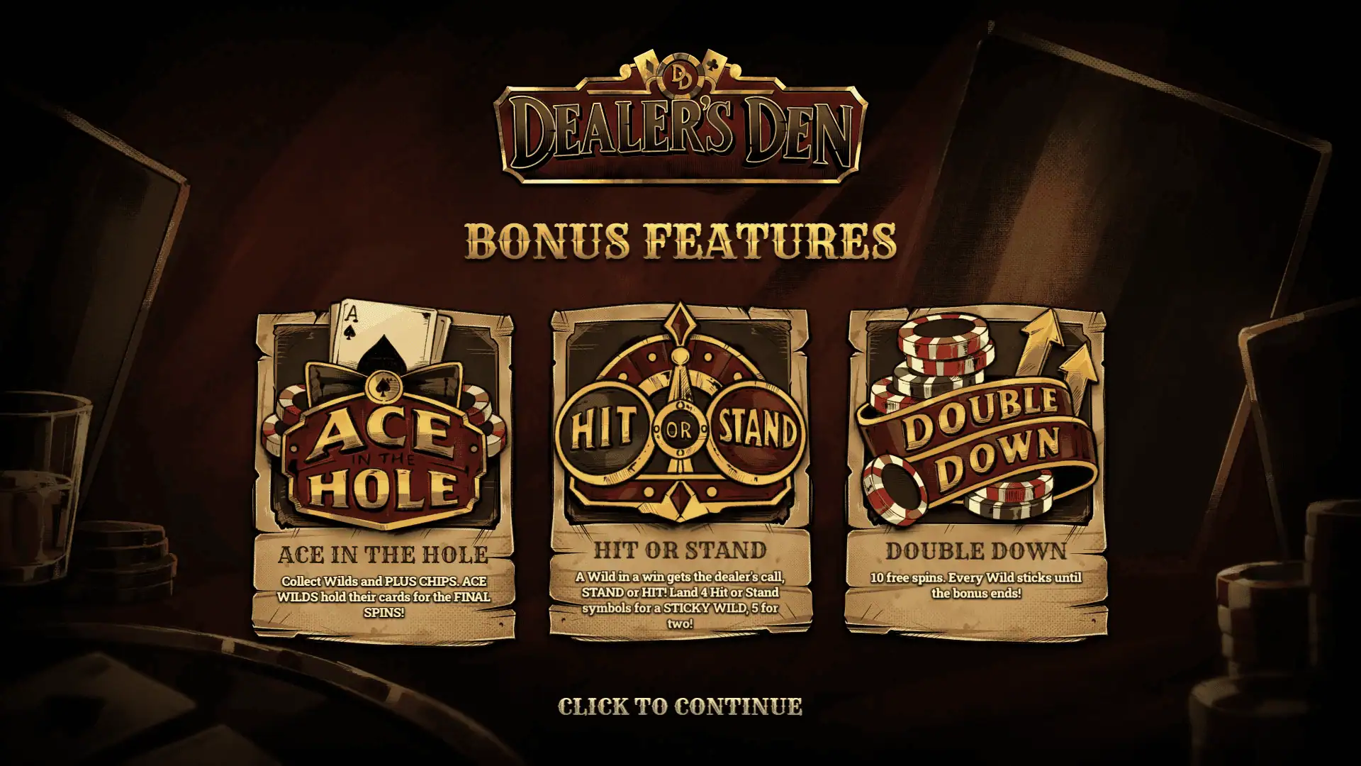 Dealer&rsquo;s Den slot intro screen