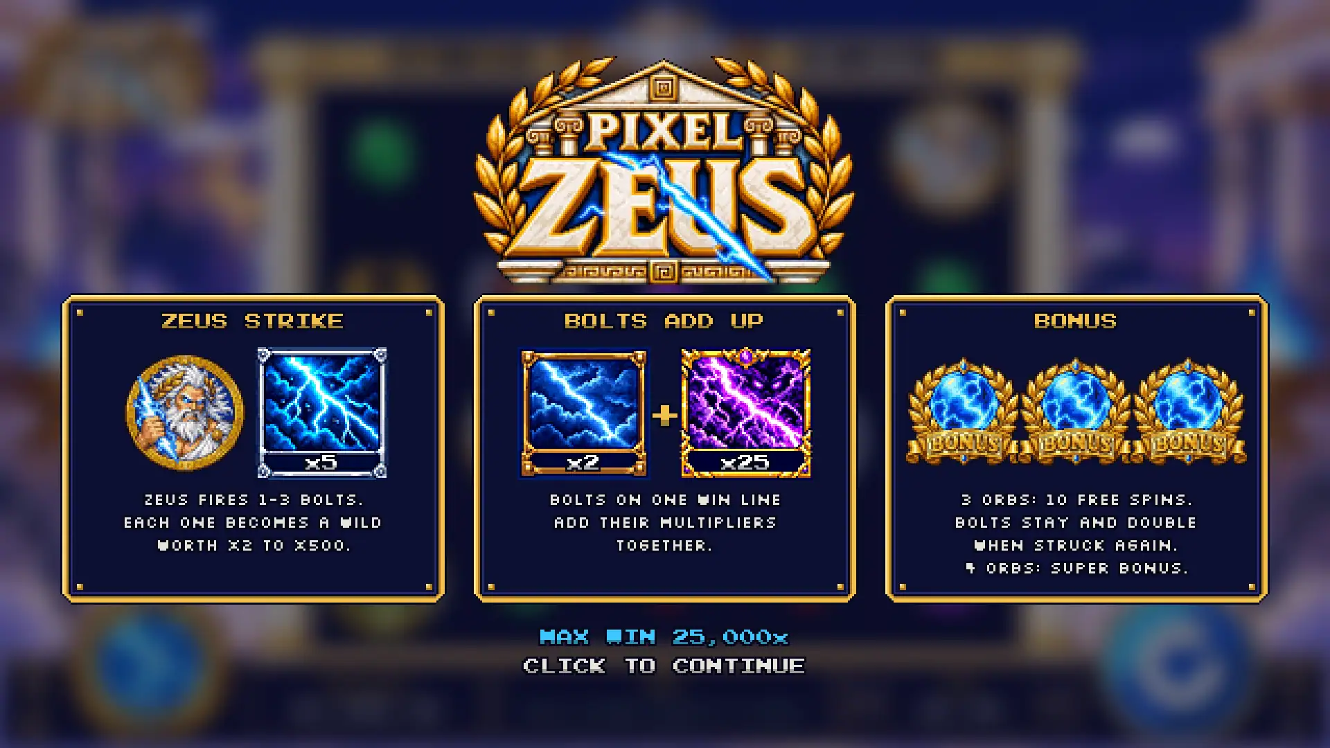 Pixel Zeus slot intro screen