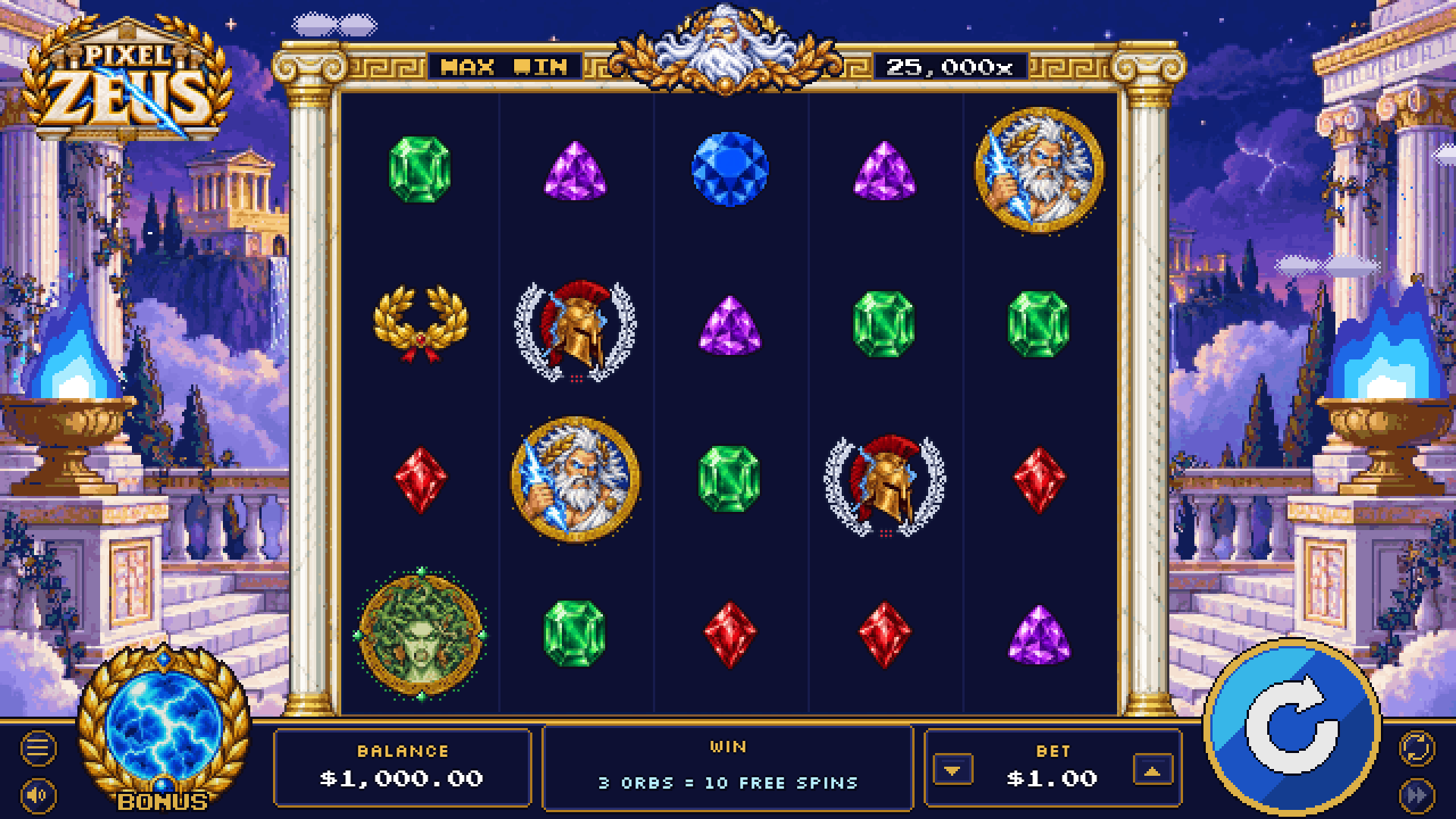 Pixel Zeus slot gameplay reels
