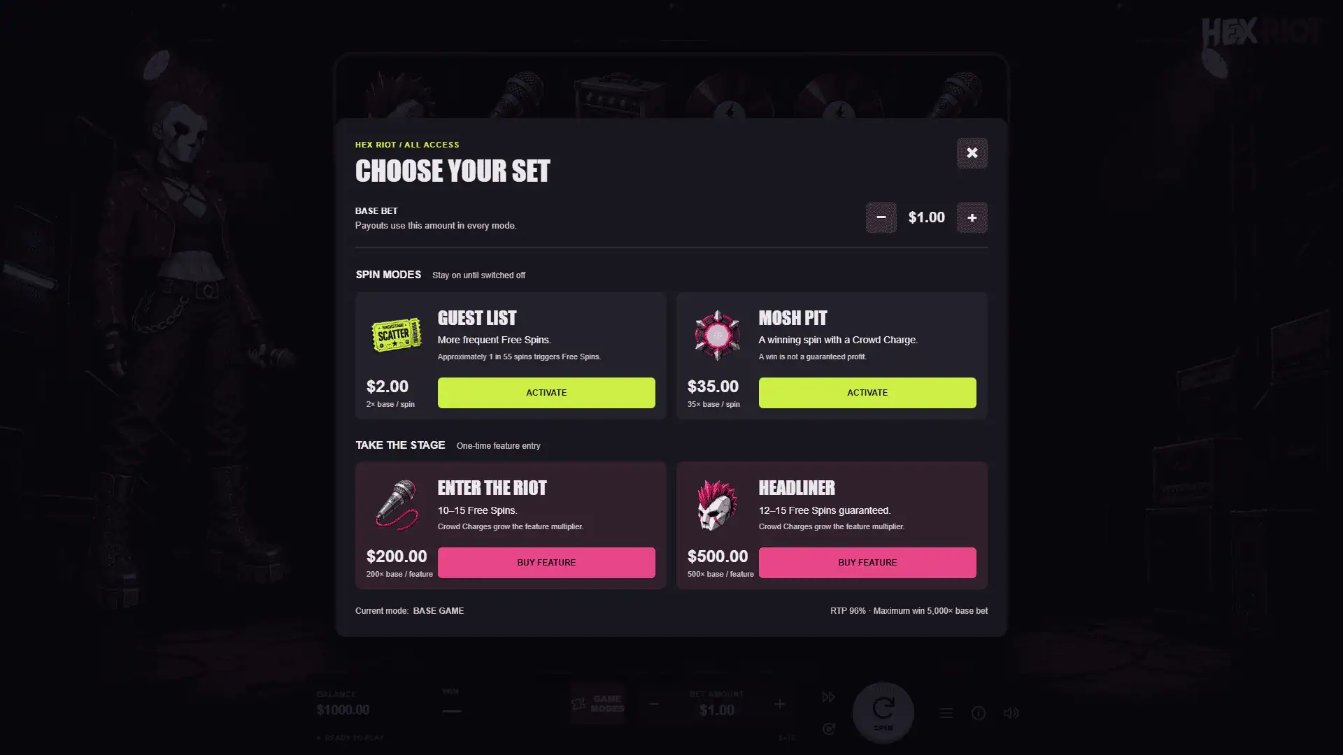 Hexriot bonus buy menu