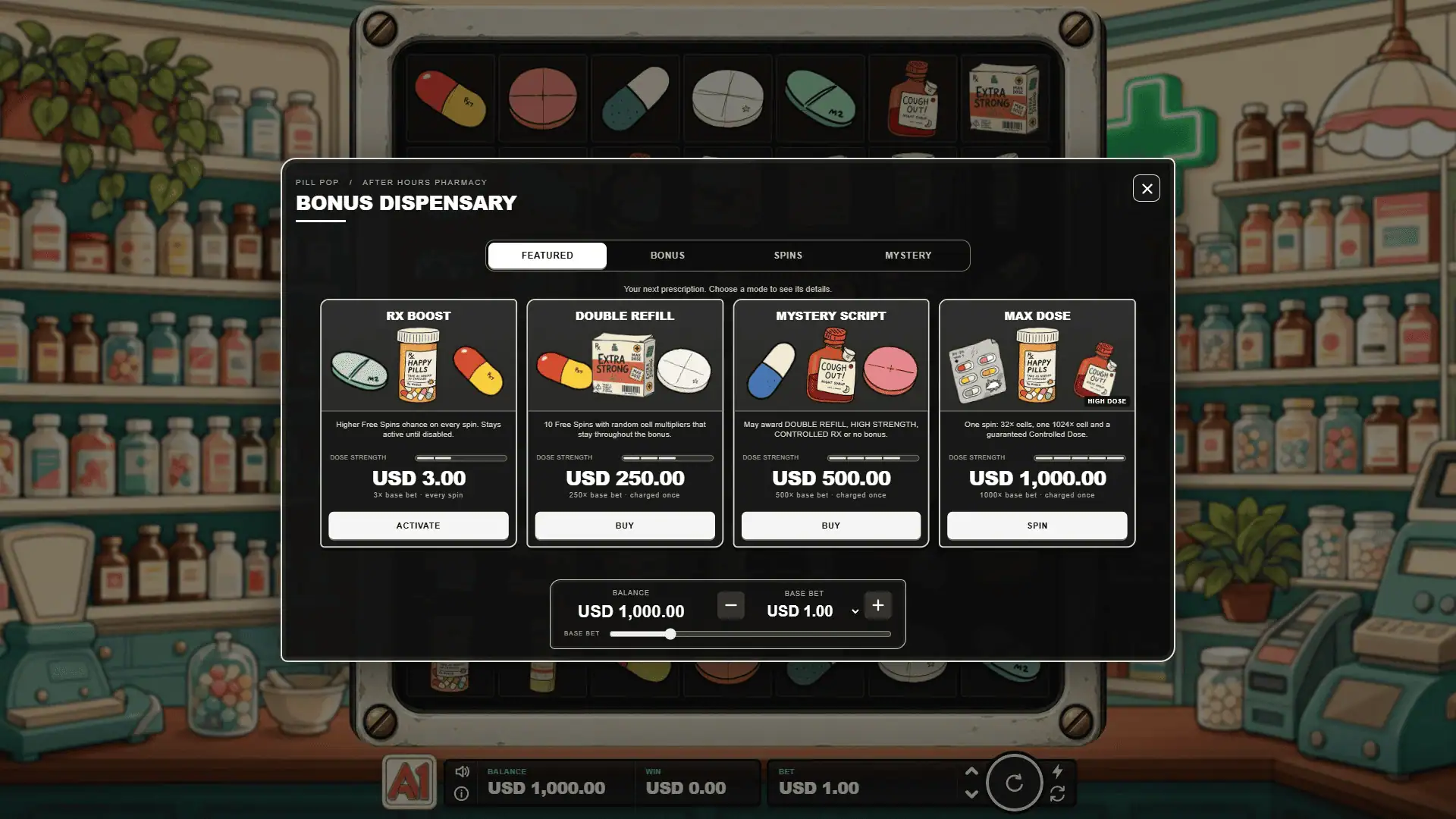 Pill Pop bonus buy menu
