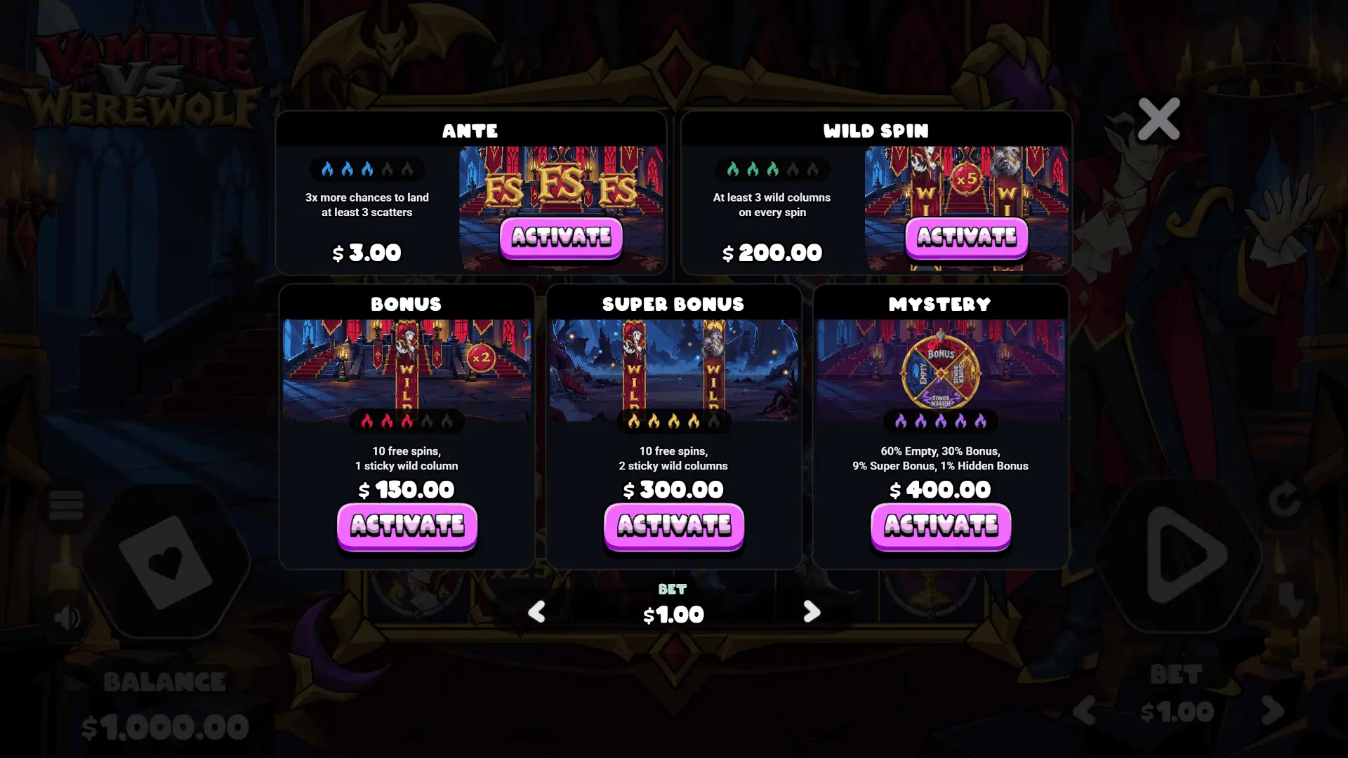 Vampire VS Werewolf bonus buy menu
