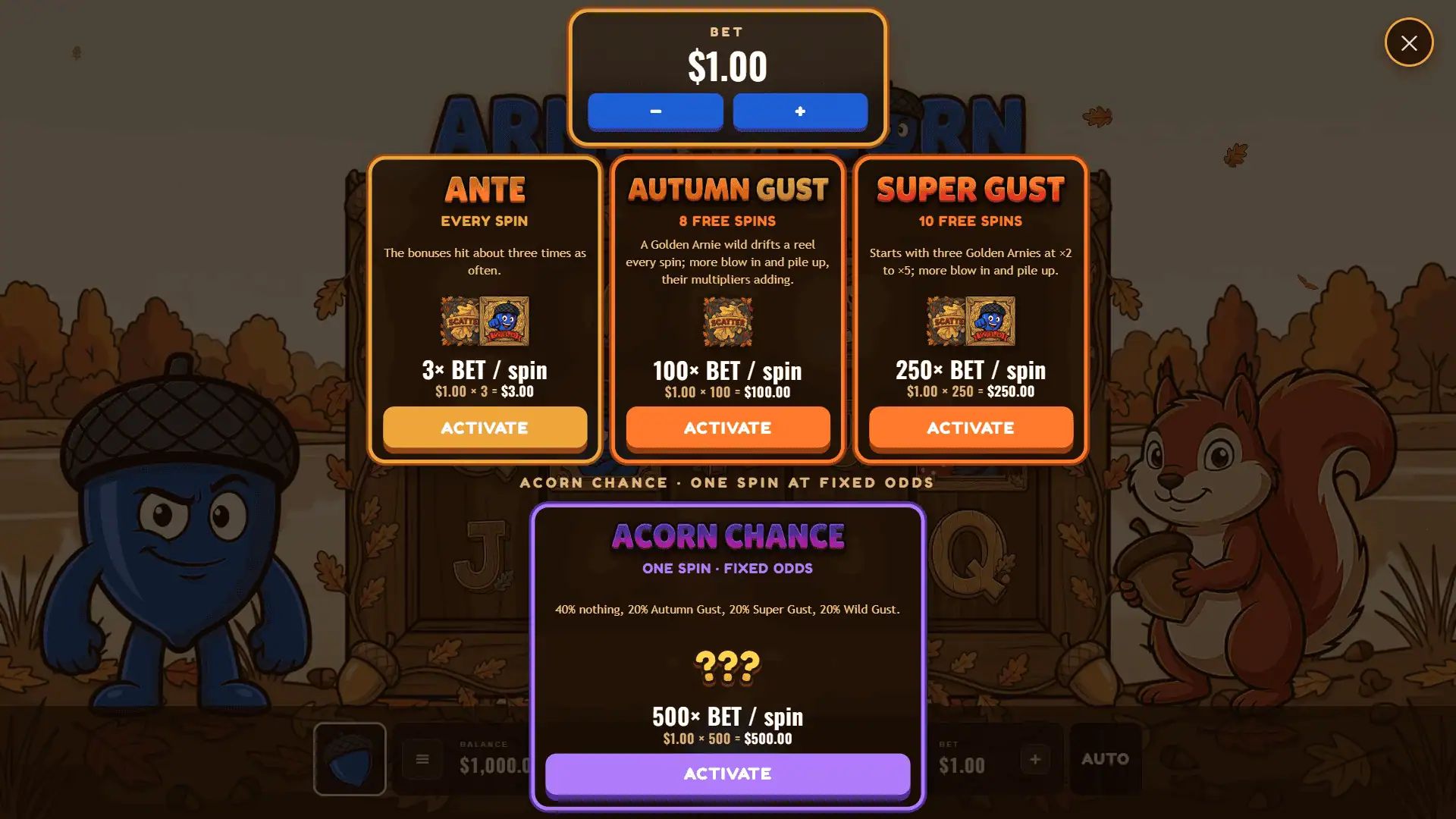 Arnie Da Acorn bonus buy menu