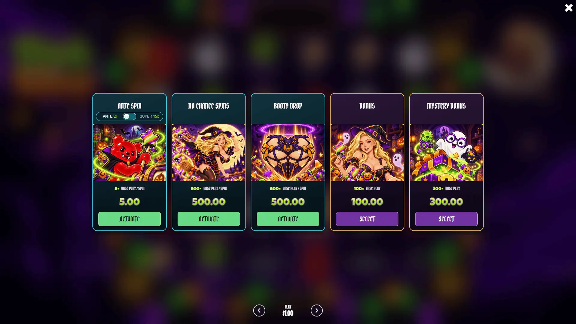 Trick or Tease bonus buy menu