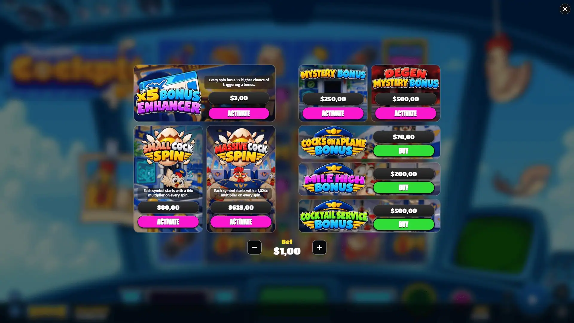Cockpit bonus buy menu