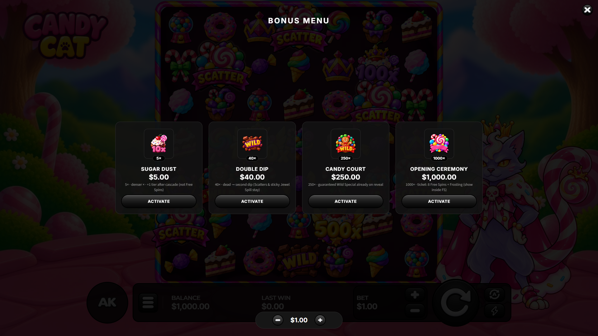 Candy Cat bonus buy menu