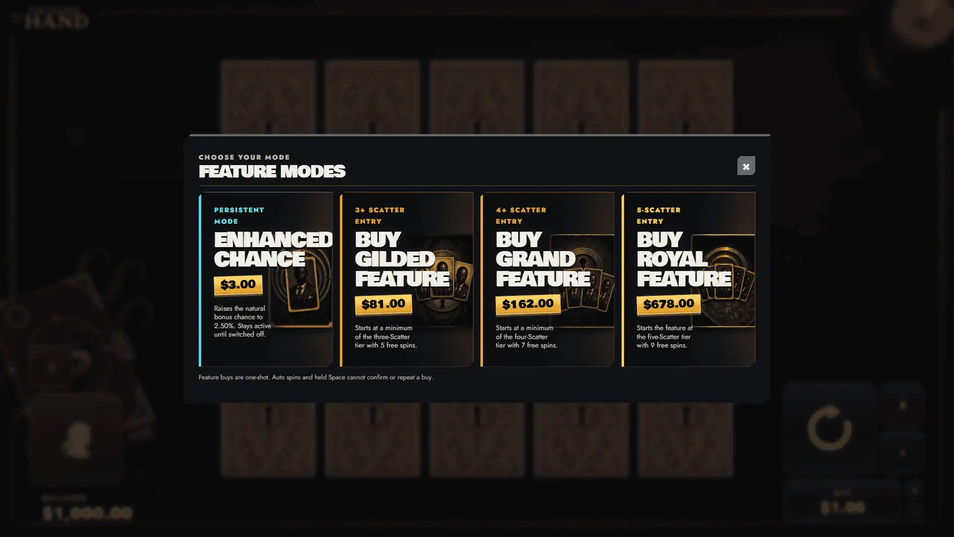 The Gilded Hand bonus buy menu