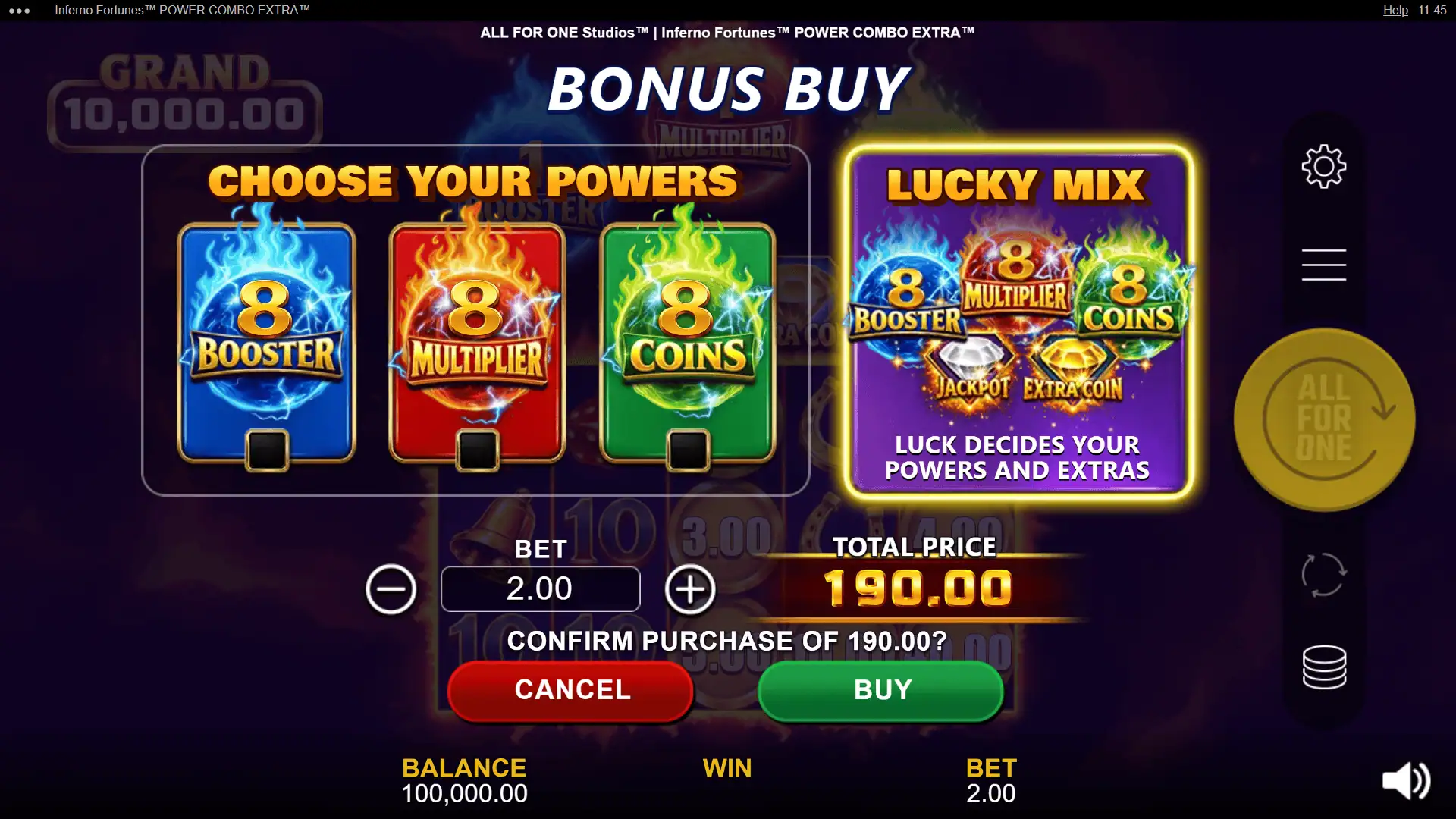 Inferno Fortunes Power Combo Extra bonus buy menu
