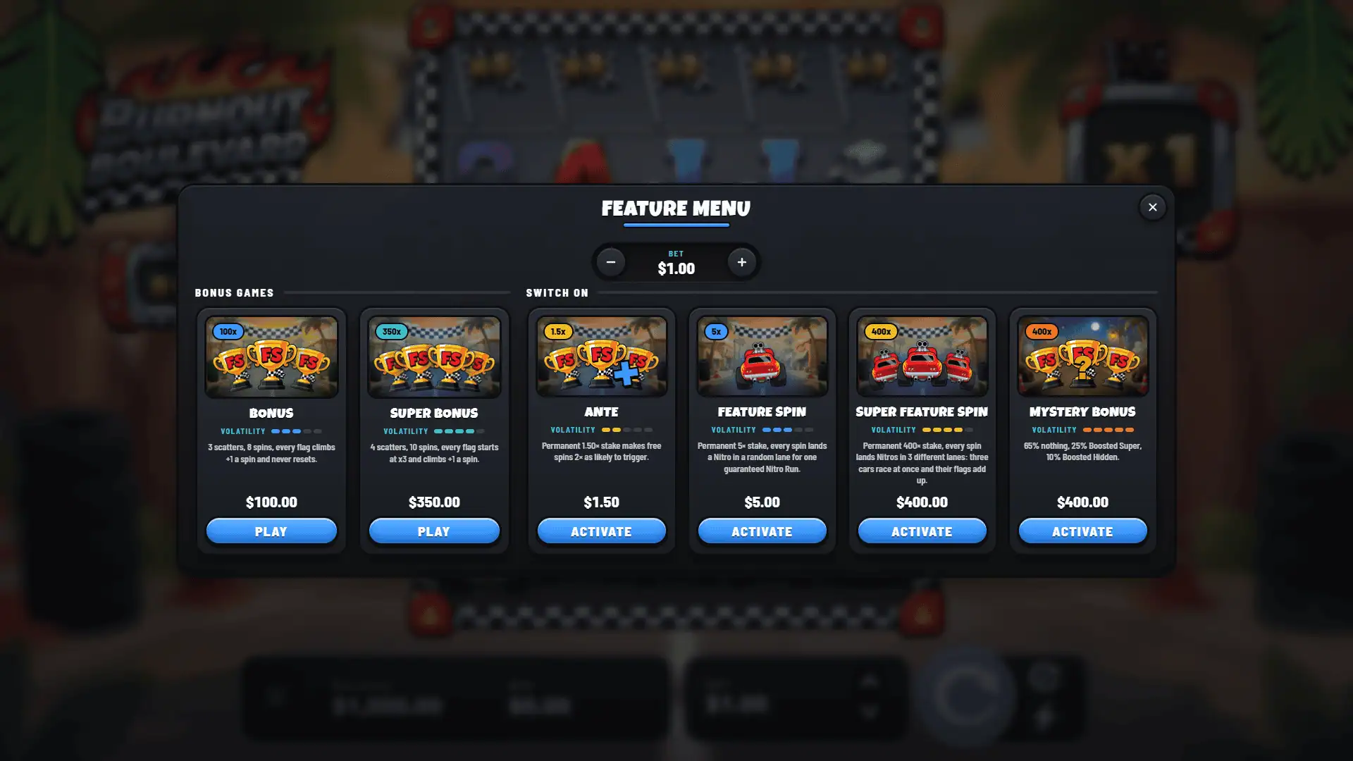 Burnout Boulevard bonus buy menu