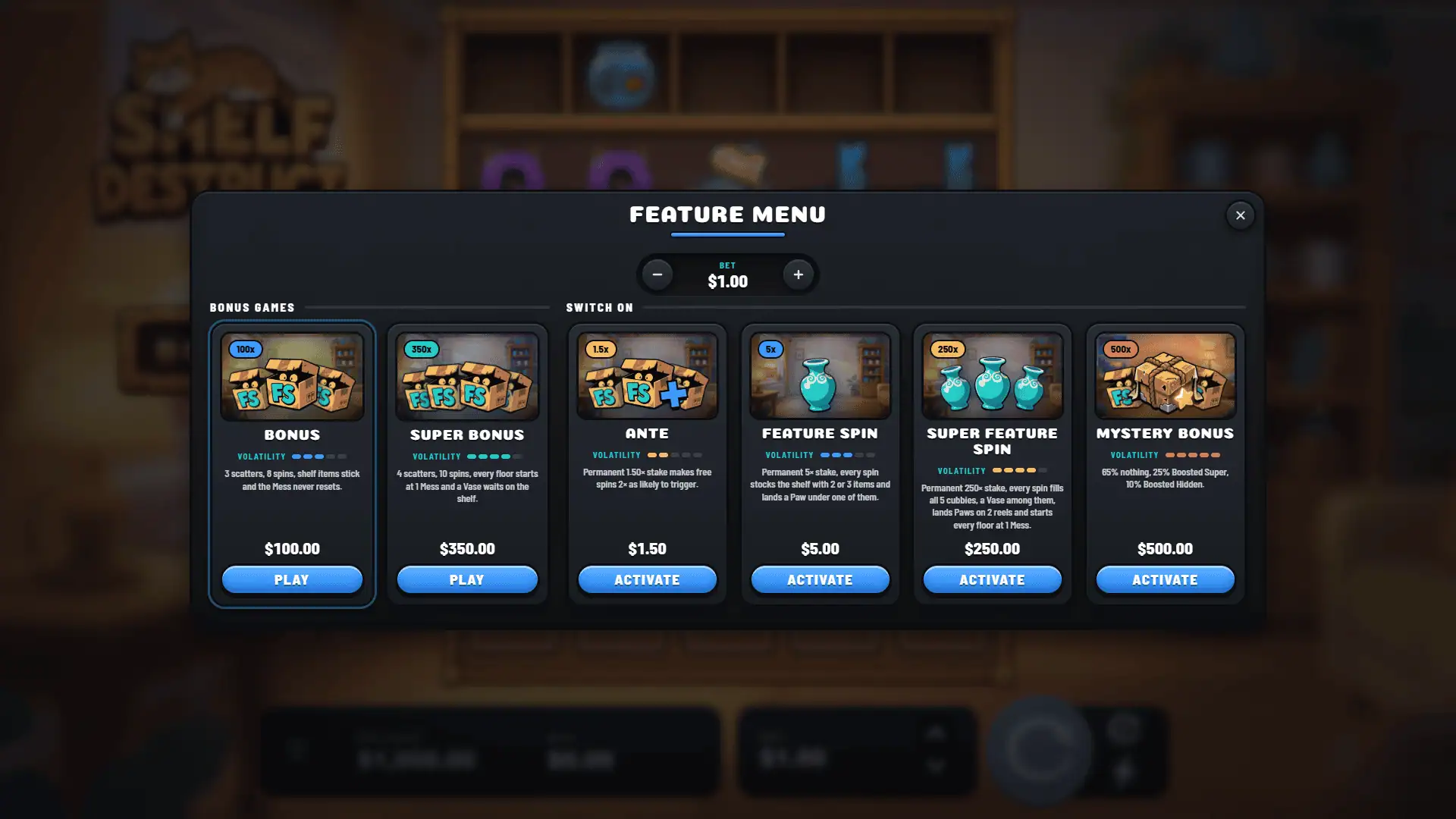 Shelf Destruct bonus buy menu