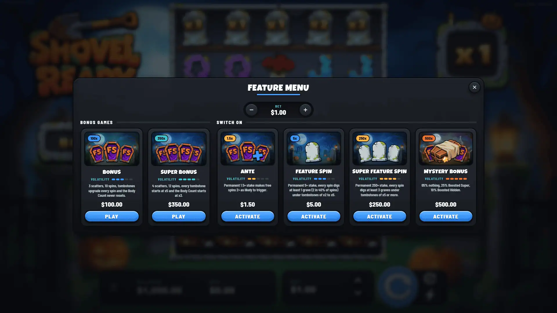 Shovel Ready bonus buy menu
