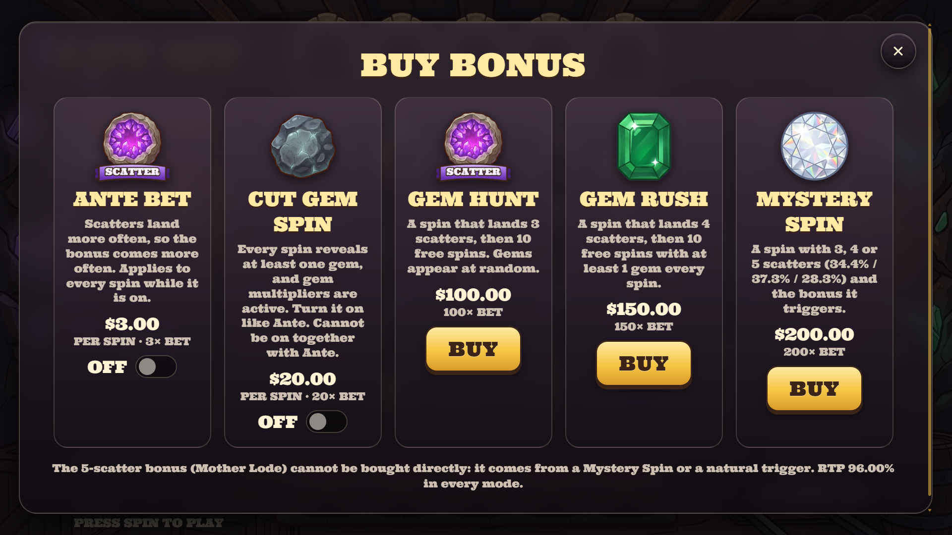 Cut My Gem bonus buy menu