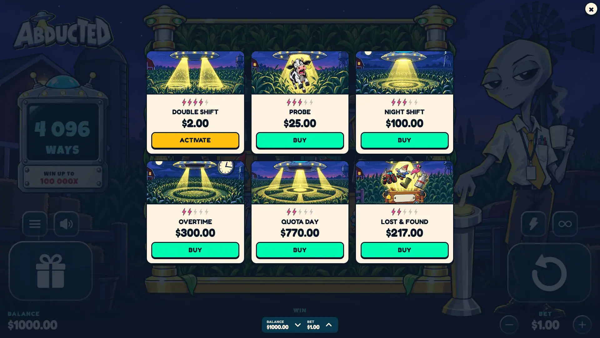 Abducted bonus buy menu
