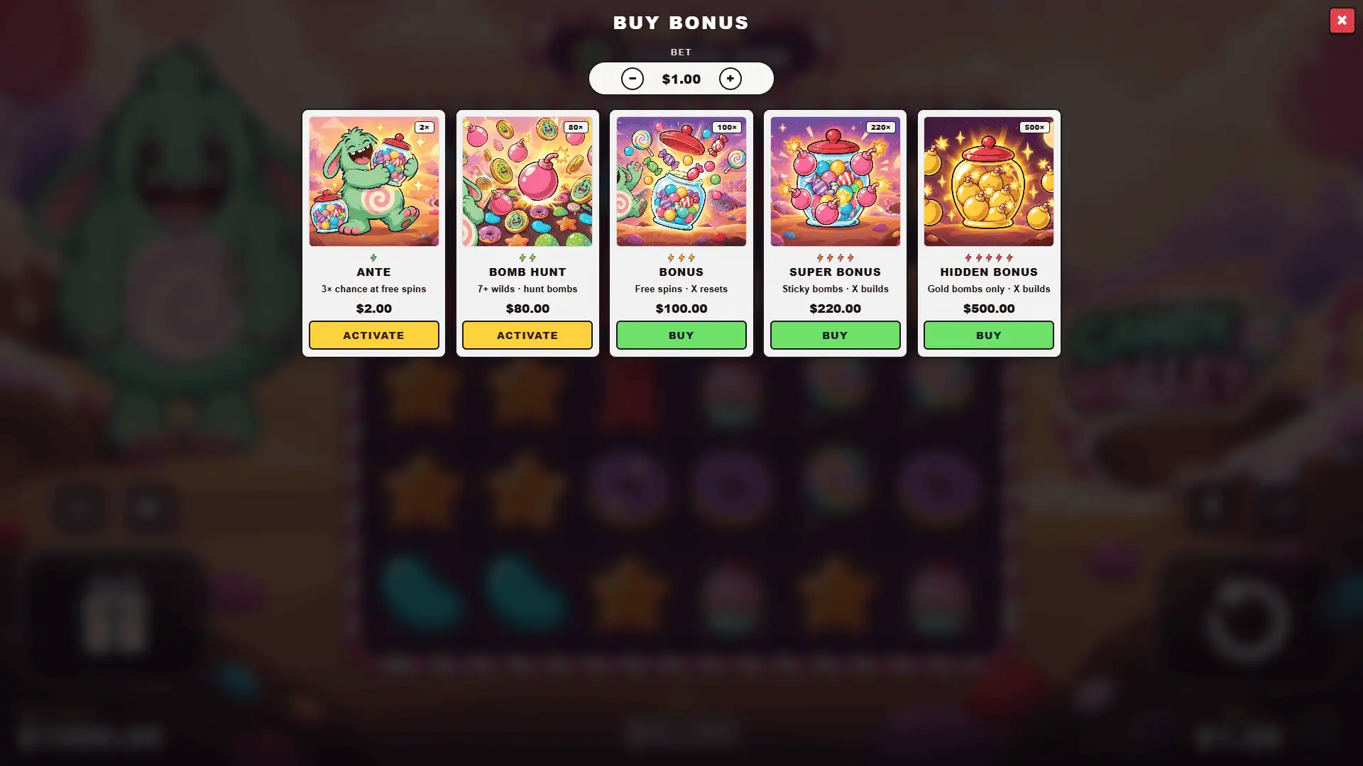 Candy Valley bonus buy menu