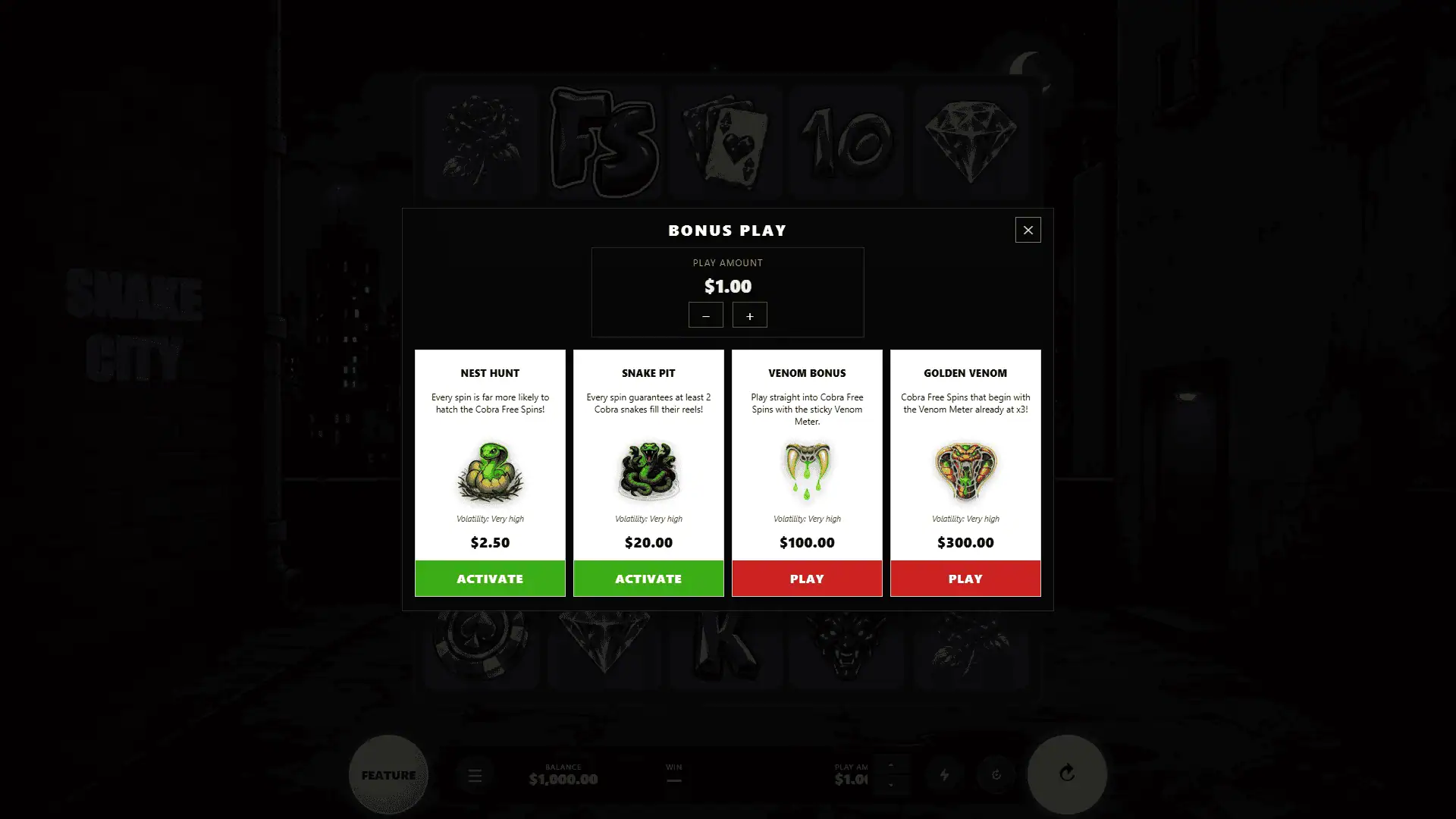 Snake City bonus buy menu