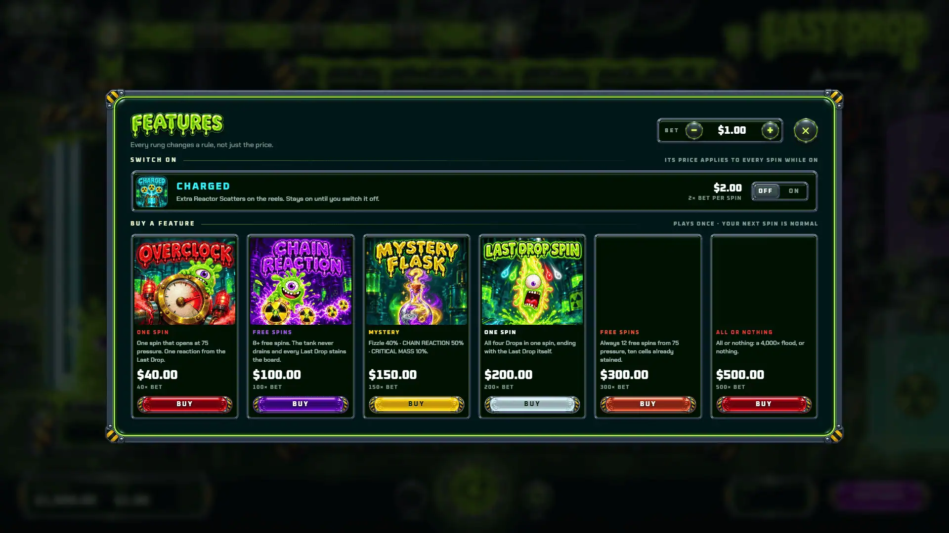 Last Drop bonus buy menu