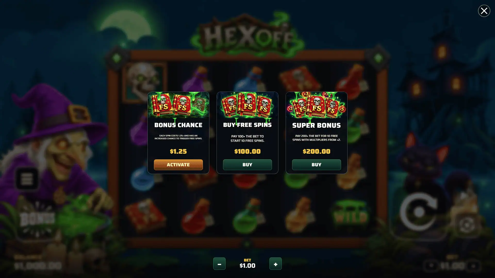 Hex Off bonus buy menu
