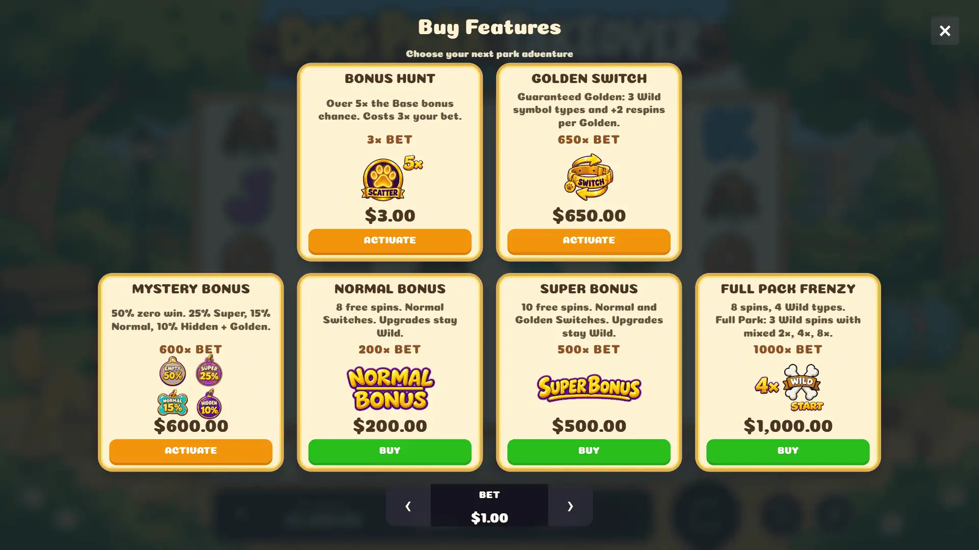 Dog Park Takeover bonus buy menu