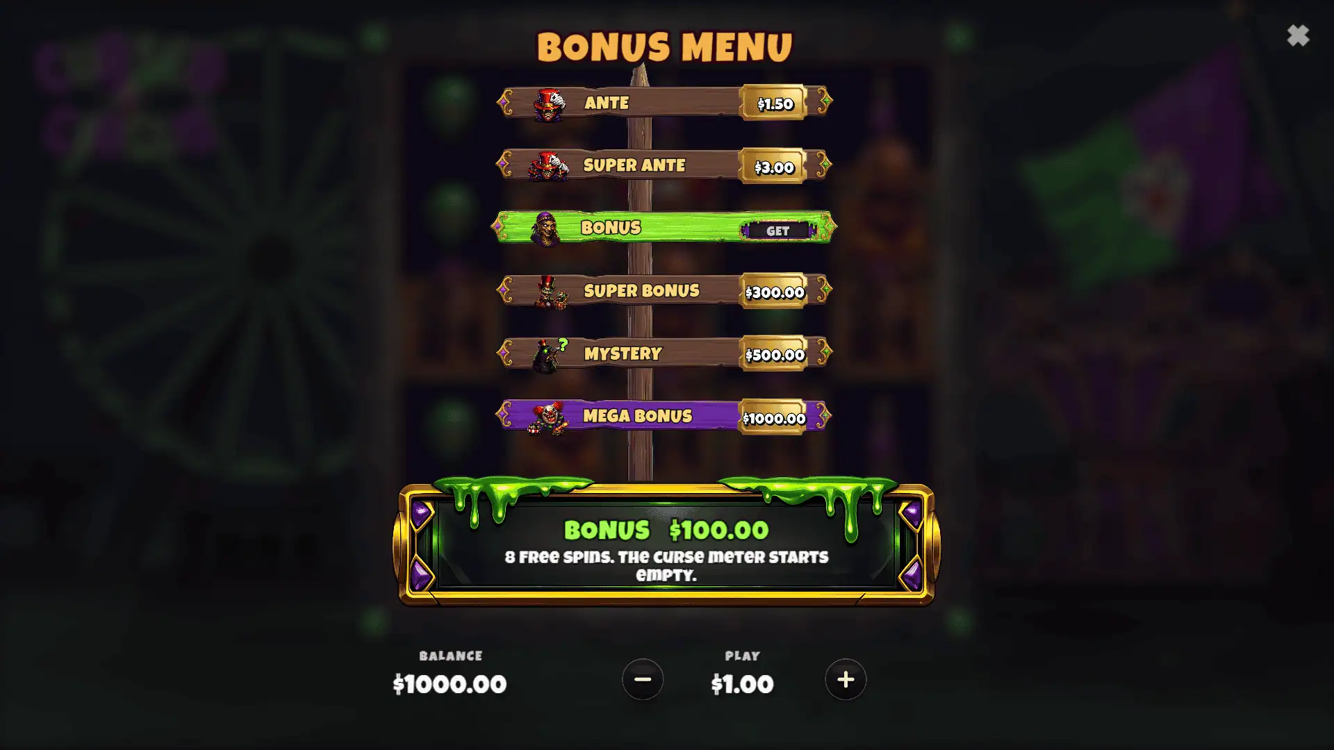 Cursed Circus bonus buy menu